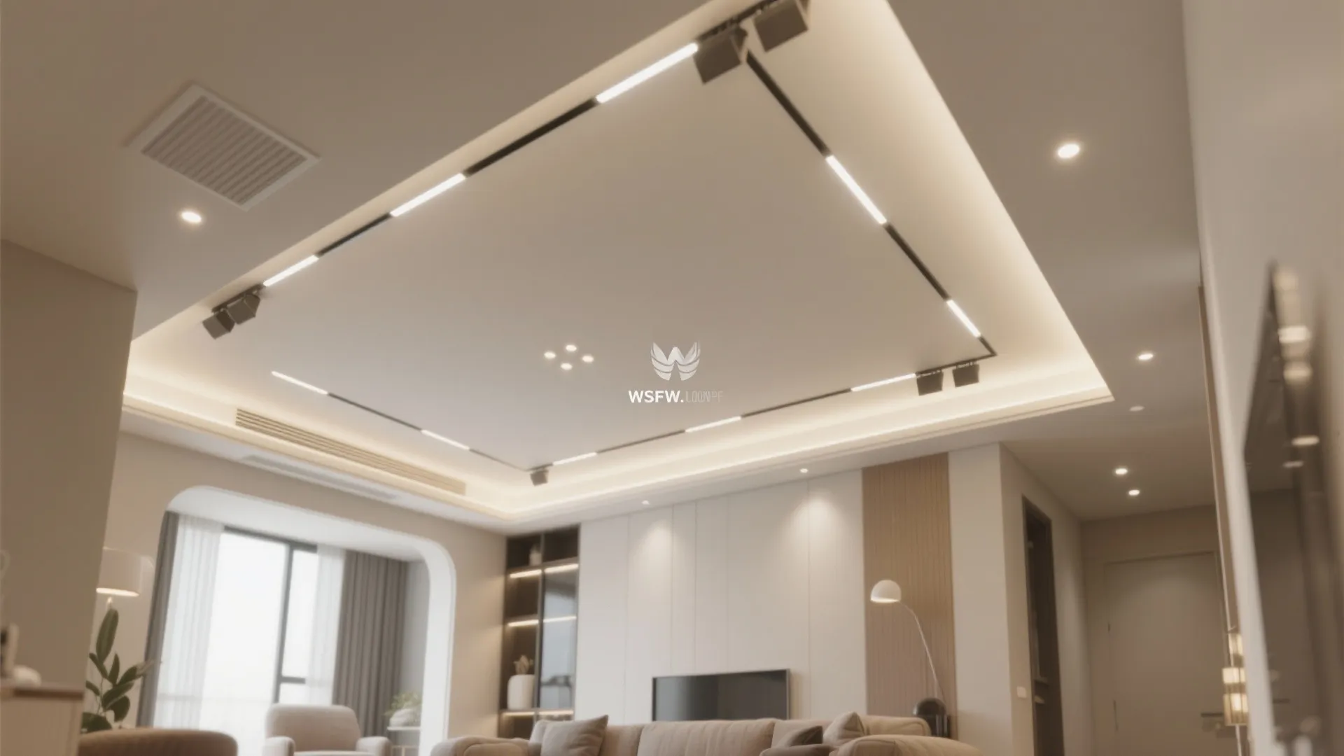 Top-down ceiling layout showing PVC drop perimeter, cove channel setback, and downlight spacing.