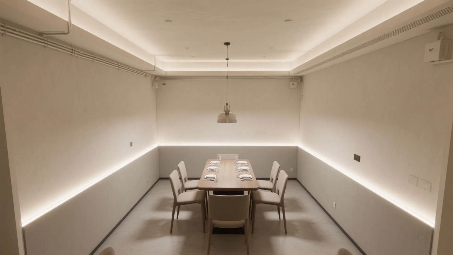 Minimalist dining room design with wooden table six chairs hanging light fixture and hidden wall lights