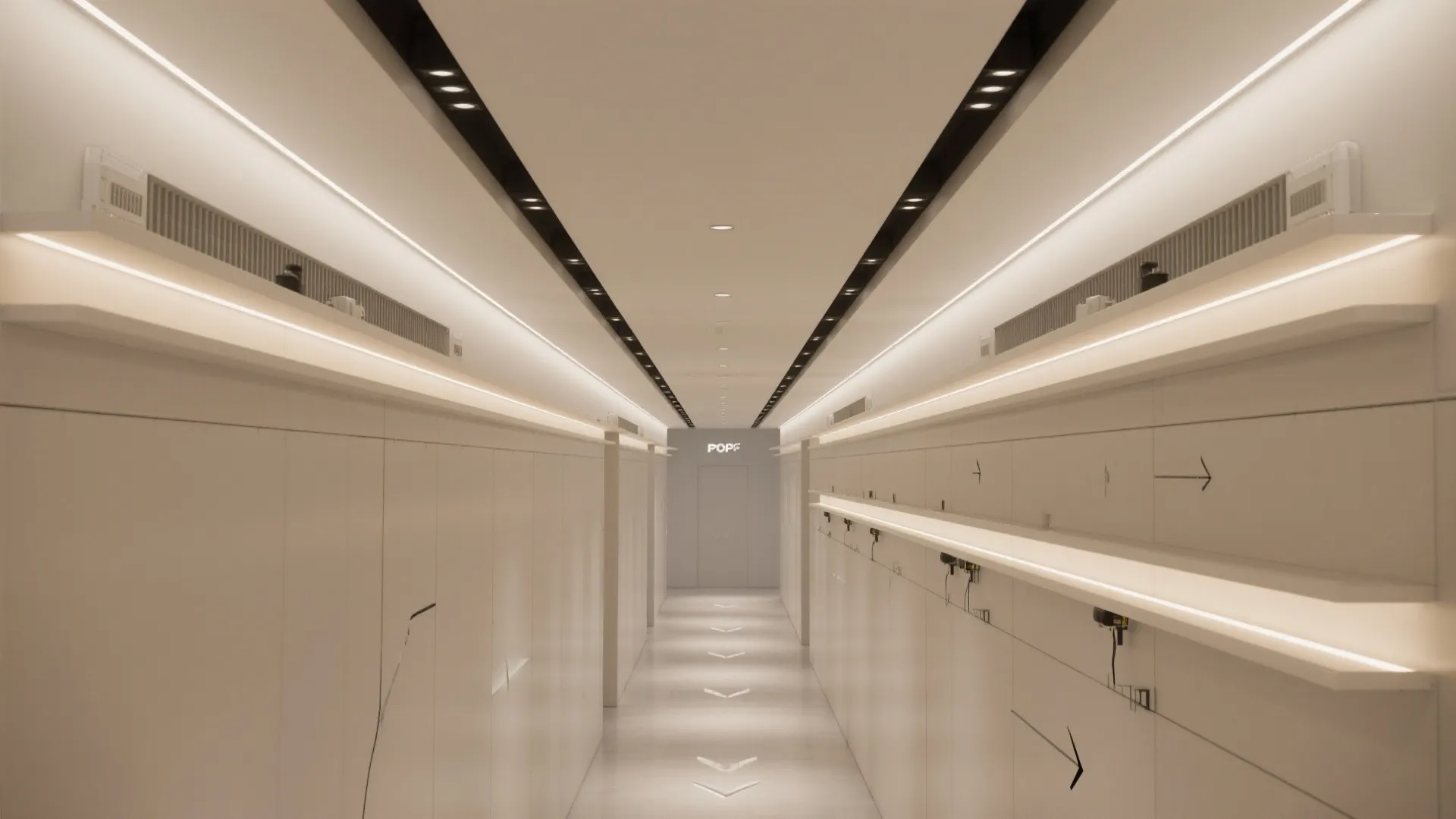 Modern white hallway with linear ceiling light fixtures and hidden wall lights in interior design