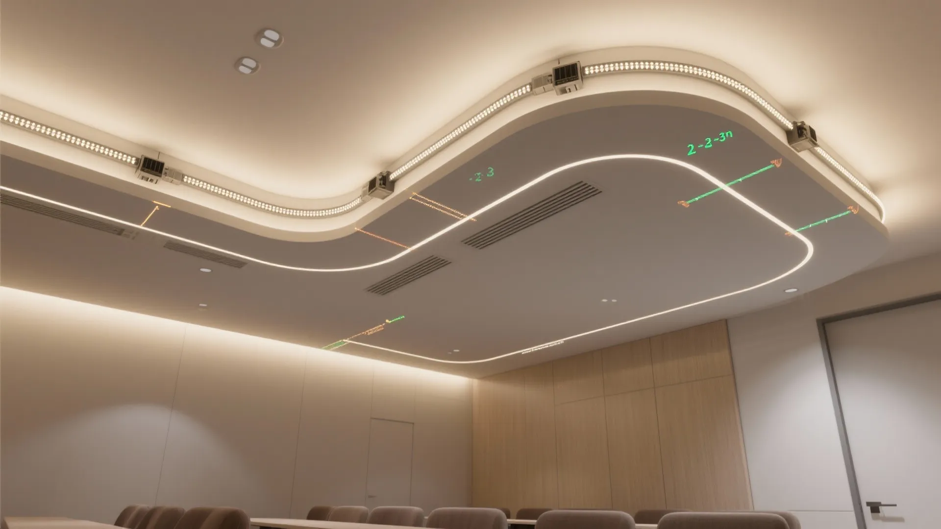 Modern curved ceiling light design with hidden strip lighting in a clean white office room
