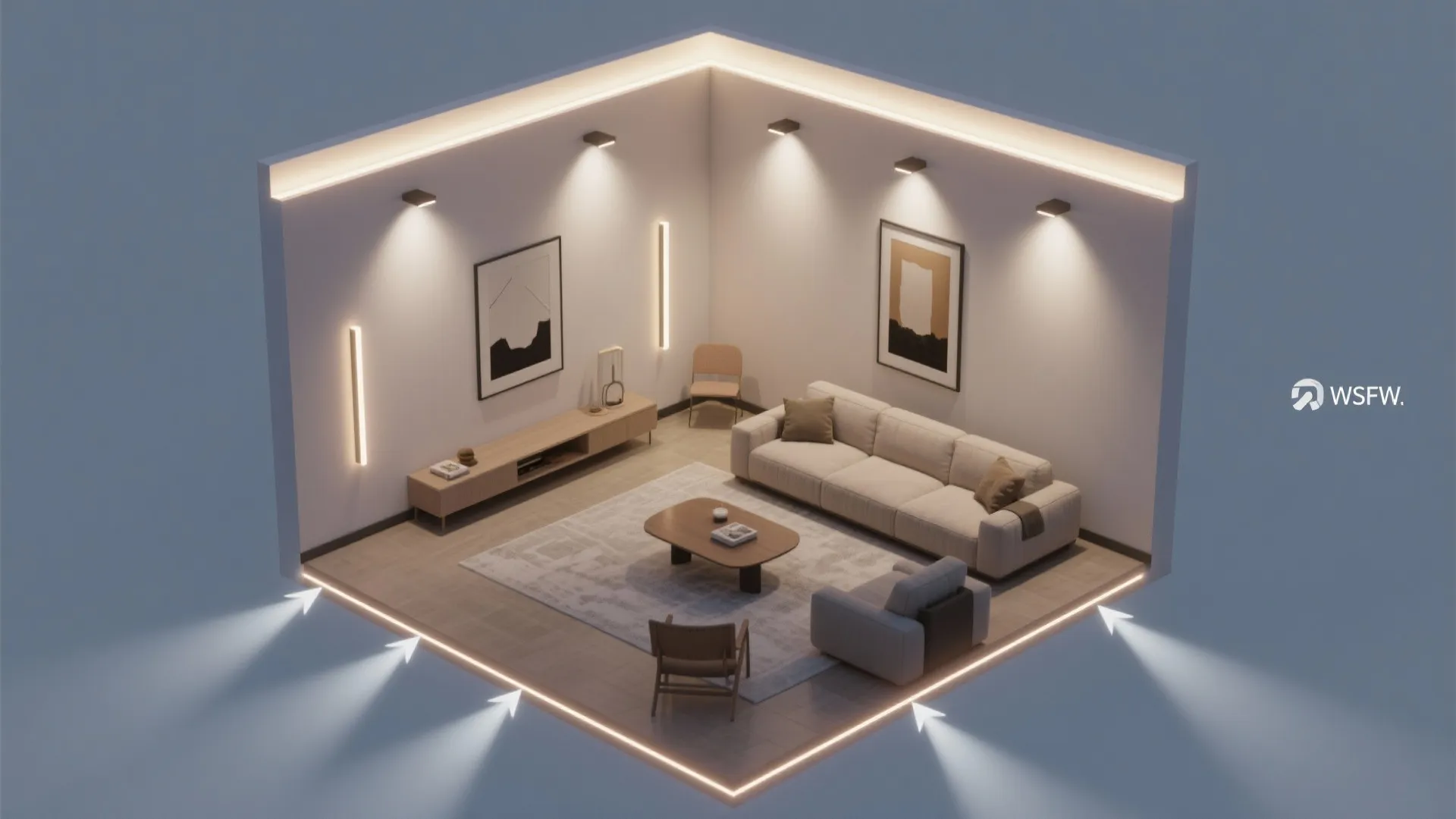 Top-down view showing cove LEDs at the perimeter with recessed spots over seating zones.