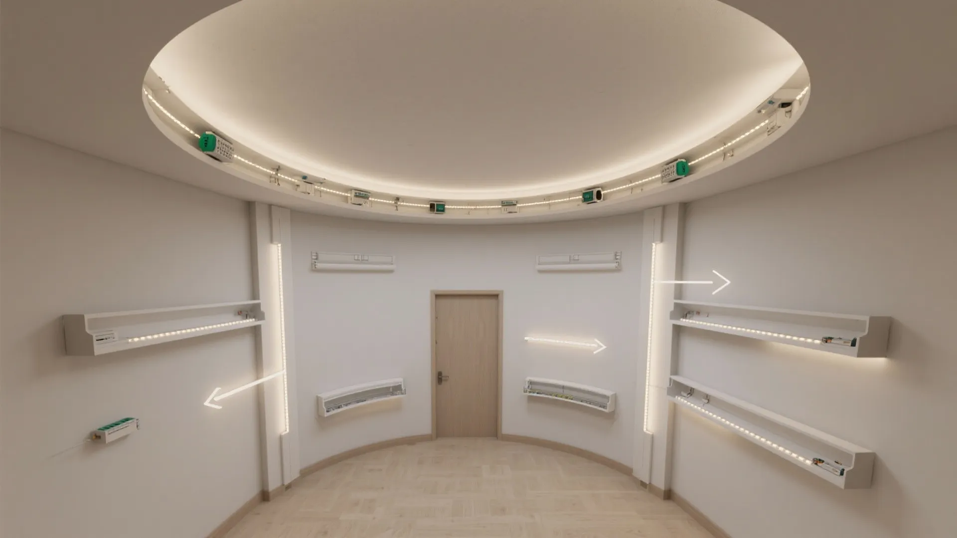 Round room interior design drawing with hidden light fixture details wall shelves and curved ceiling layout
