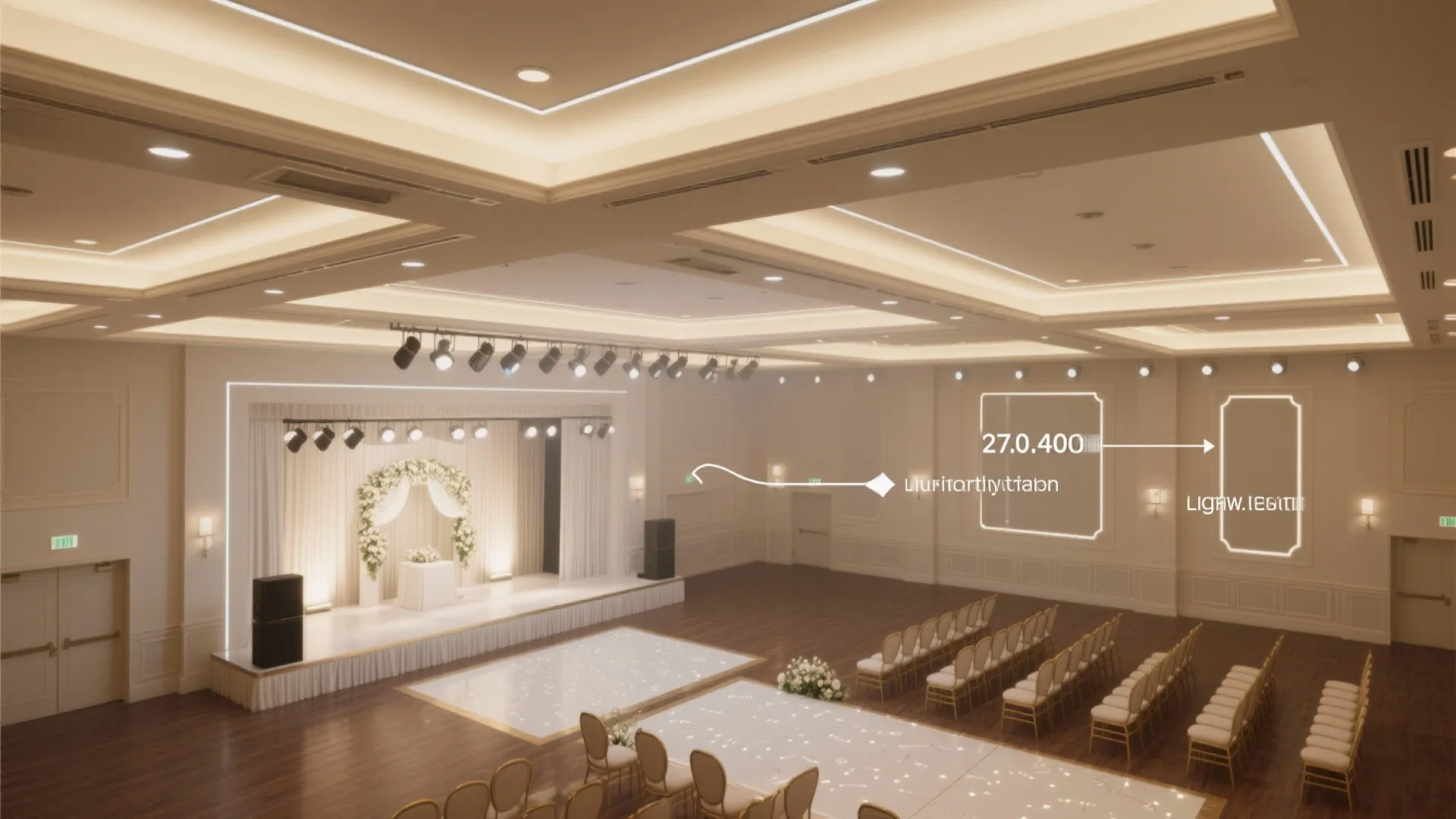 Top-down lighting plan with perimeter coves and stage accents for a marriage hall ceiling.