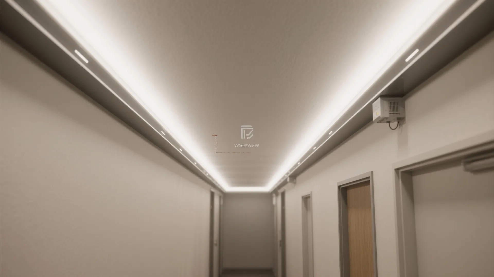 Top-down ceiling plan view showing continuous side coves in a narrow hall.