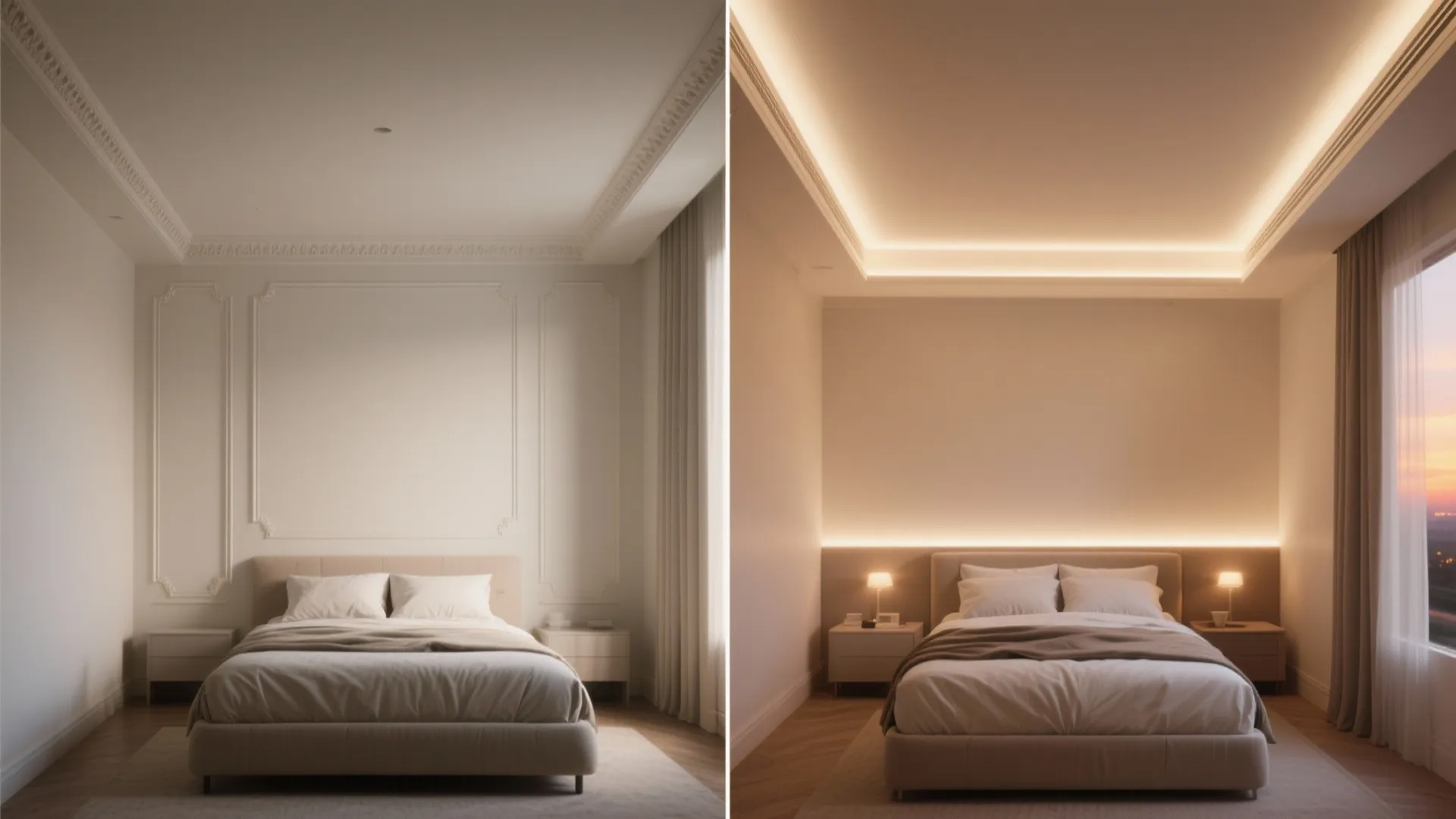 Side by side comparison of a bedroom with simple wall panel and warm hidden lighting