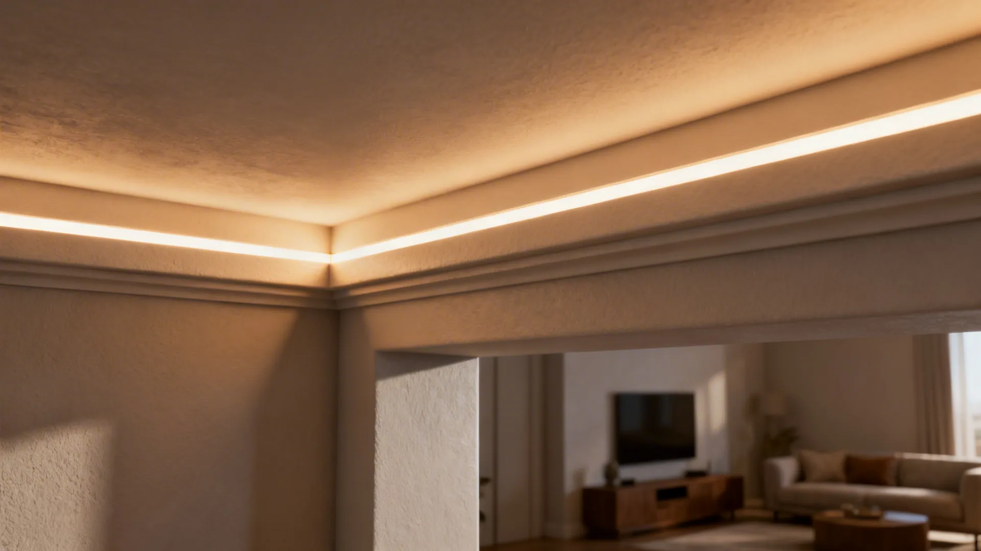 Close-up of a layered cove ceiling with warm recessed LED strip lighting and smooth plaster finish.