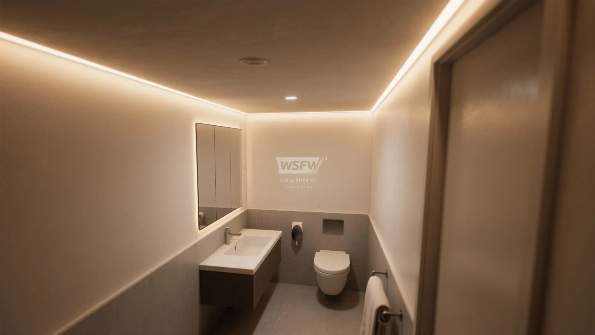 Small modern bathroom with a white toilet vanity mirror and bright hidden ceiling light strip accent