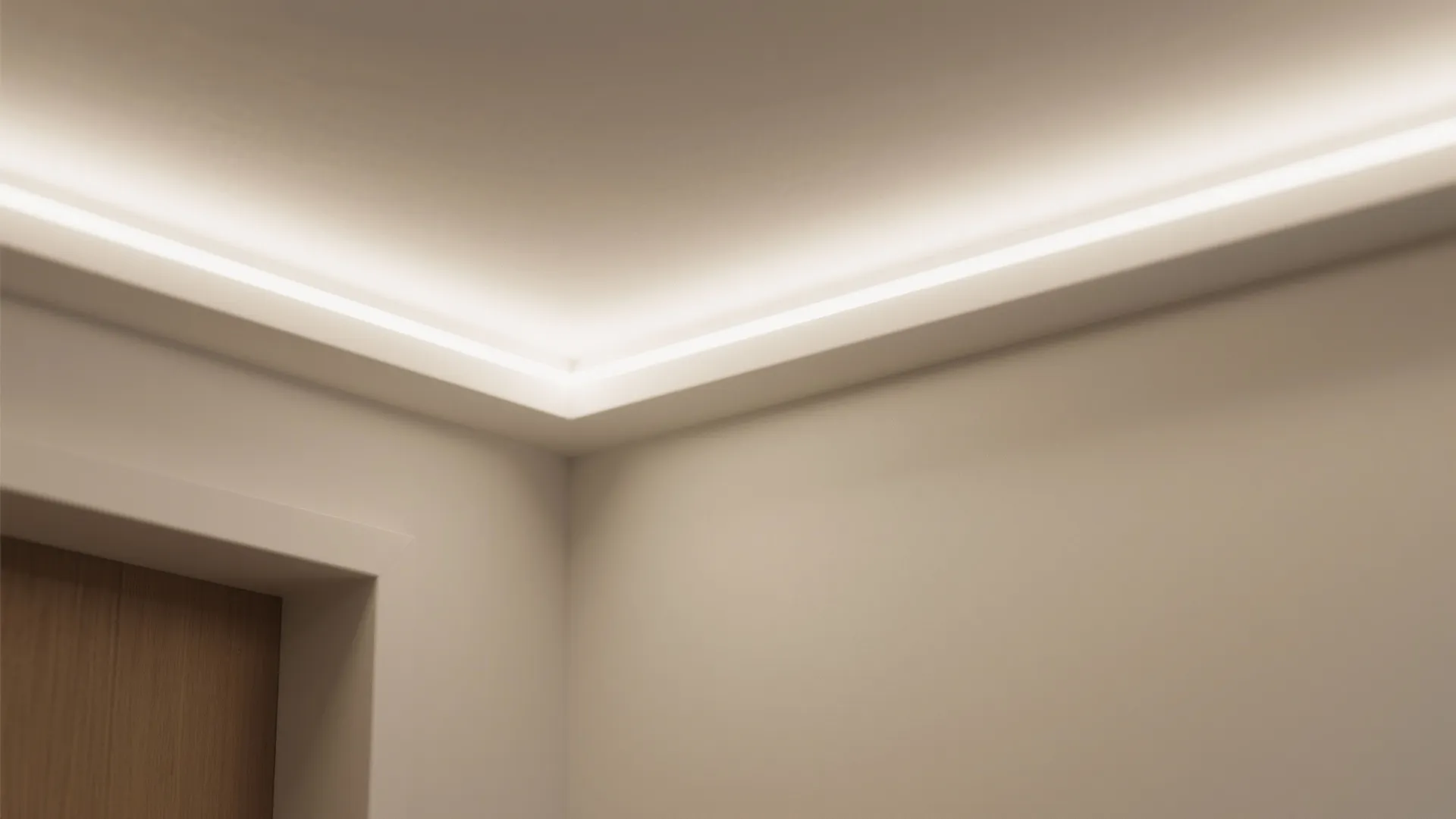 Close up of a room corner showing hidden strip lights installed along the white ceiling edges