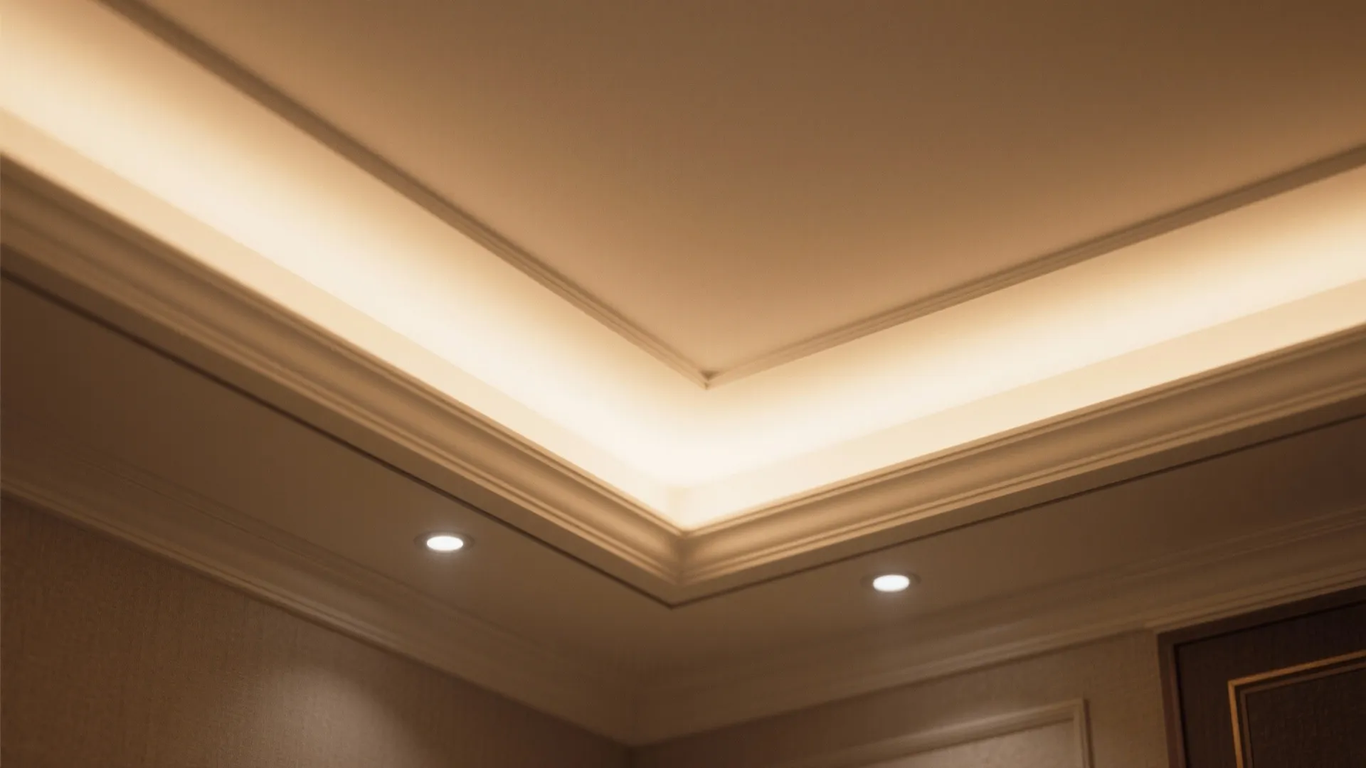 Close up of recessed ceiling light strip and small spotlights in a modern home interior design