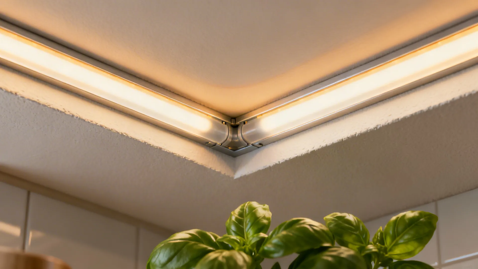 Macro of warm LED strip in aluminum channel within a slim pop ceiling cove above a basil plant.