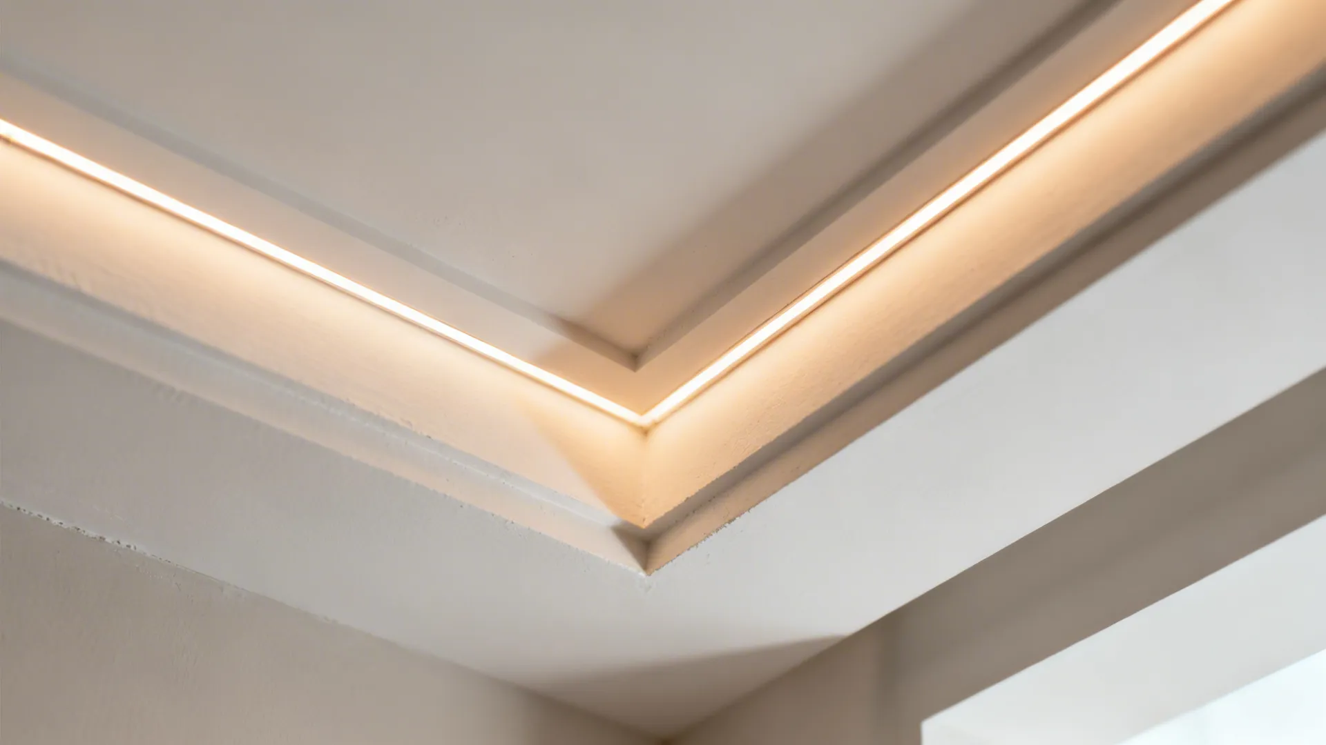 Macro view of a slim POP ceiling cove with warm LED glow and crisp edges.