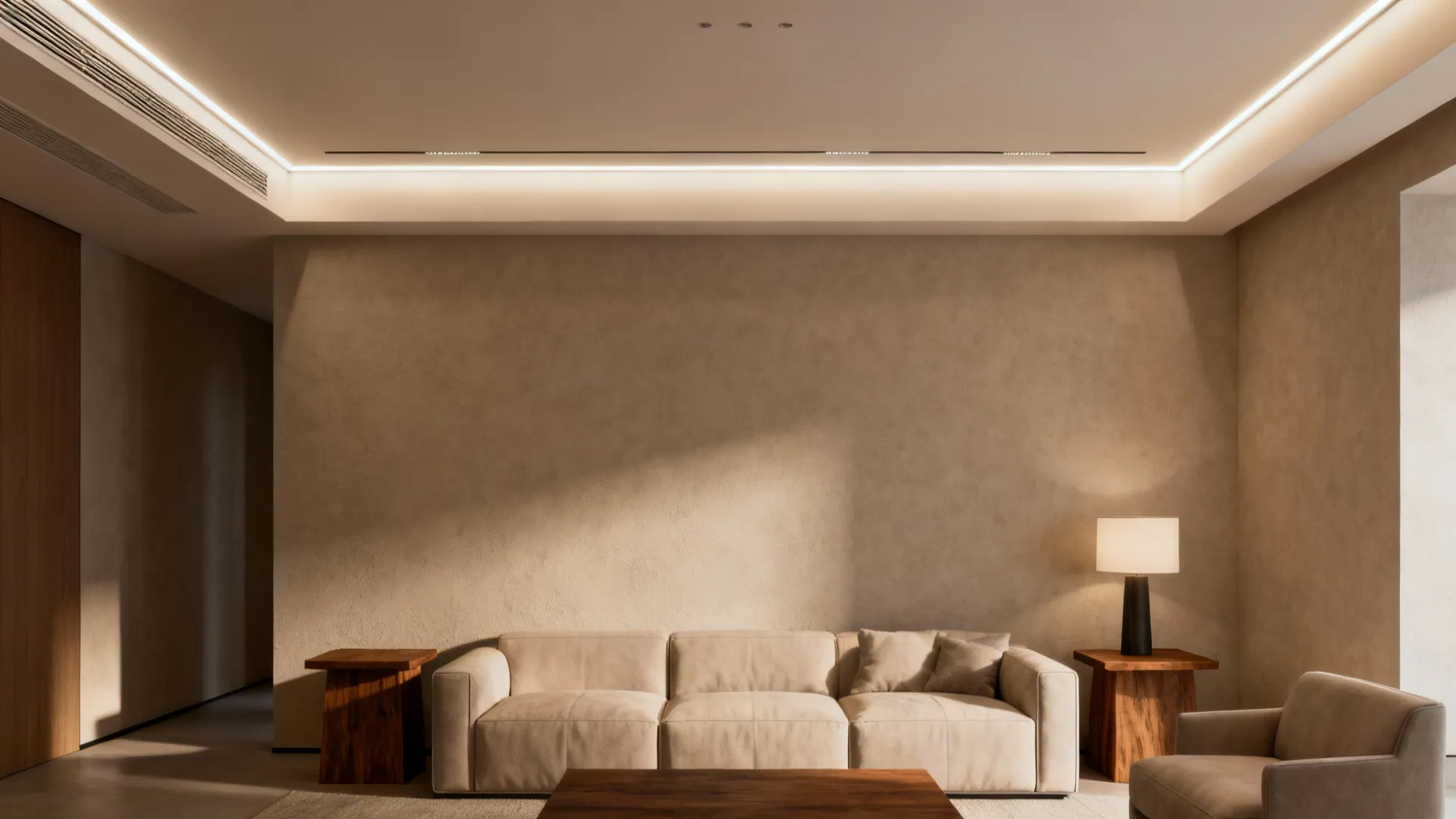 Low-ceiling living room with warm cove LED strips creating a floating-ceiling effect.