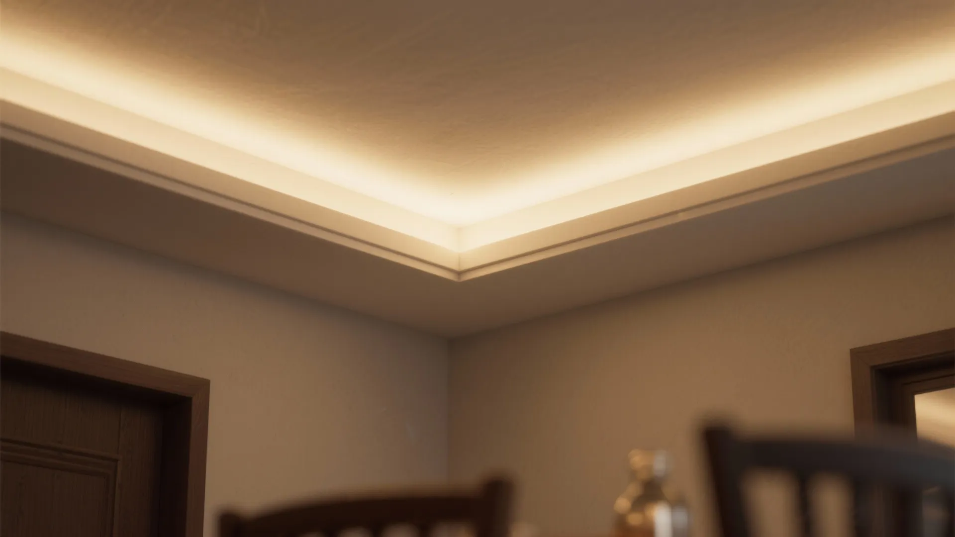 Hidden light fixture installed inside a white ceiling corner providing soft warm glow for room