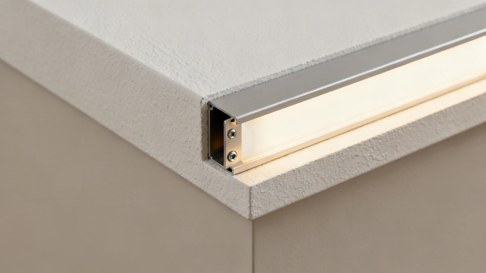 Macro view of a POP cove with an aluminum LED channel and opal diffuser emitting warm light.