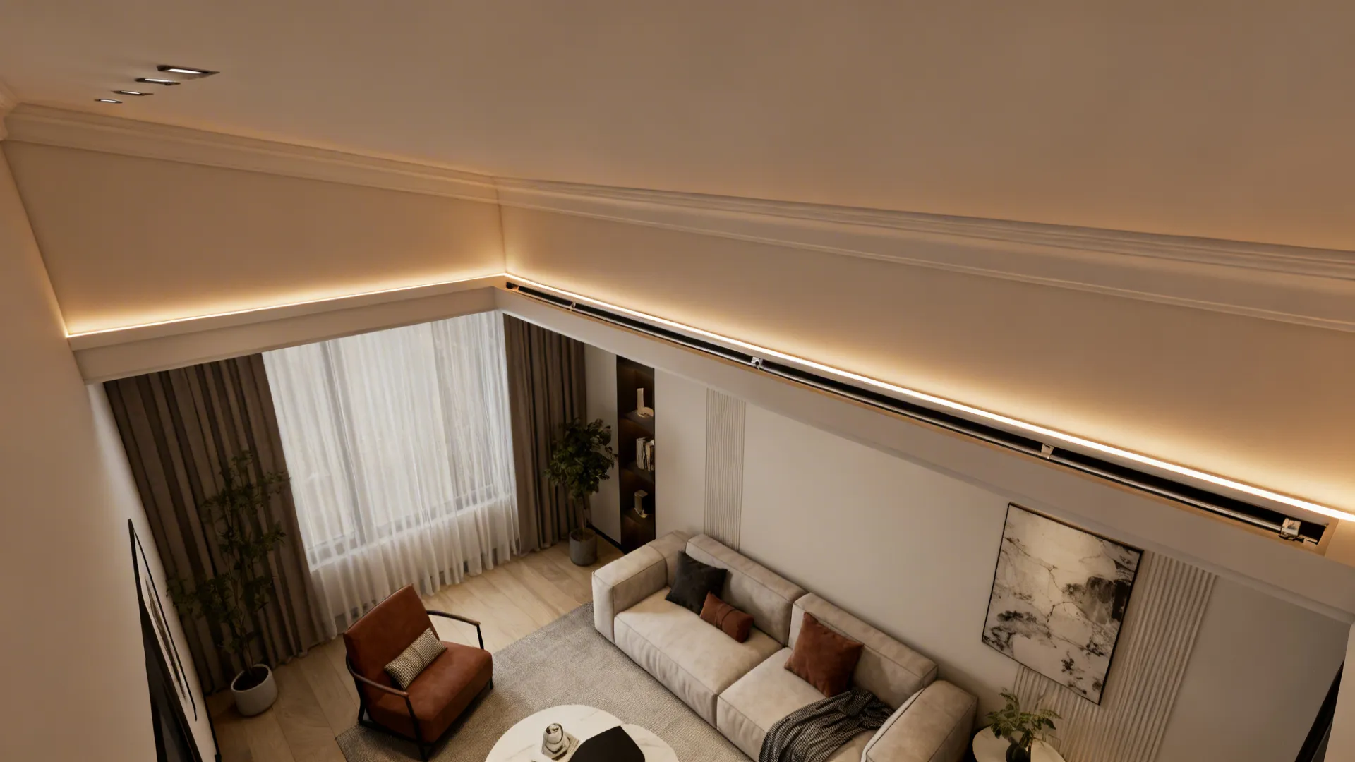 Shallow cove with warm LED strip creating a floating ceiling effect in a small living room