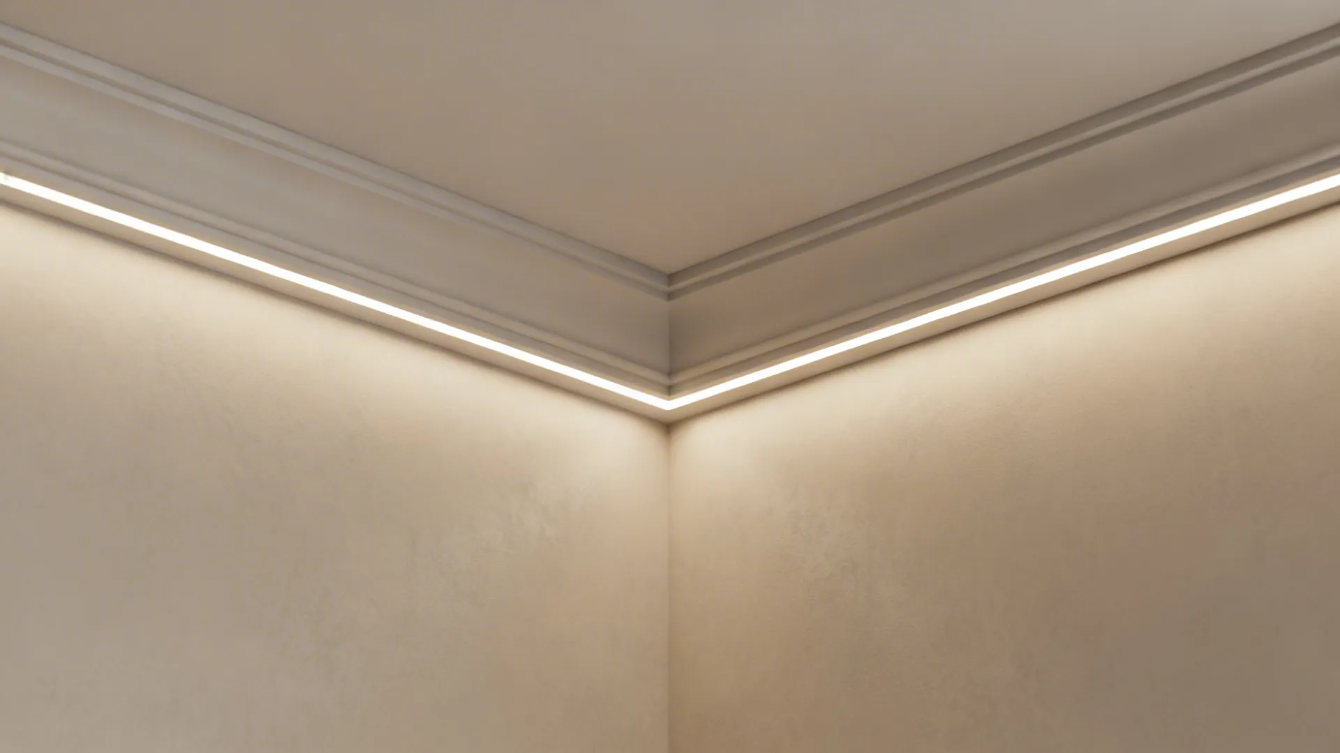 Hidden LED strip in cove moulding creating an even, glare-free glow at the ceiling-wall junction.