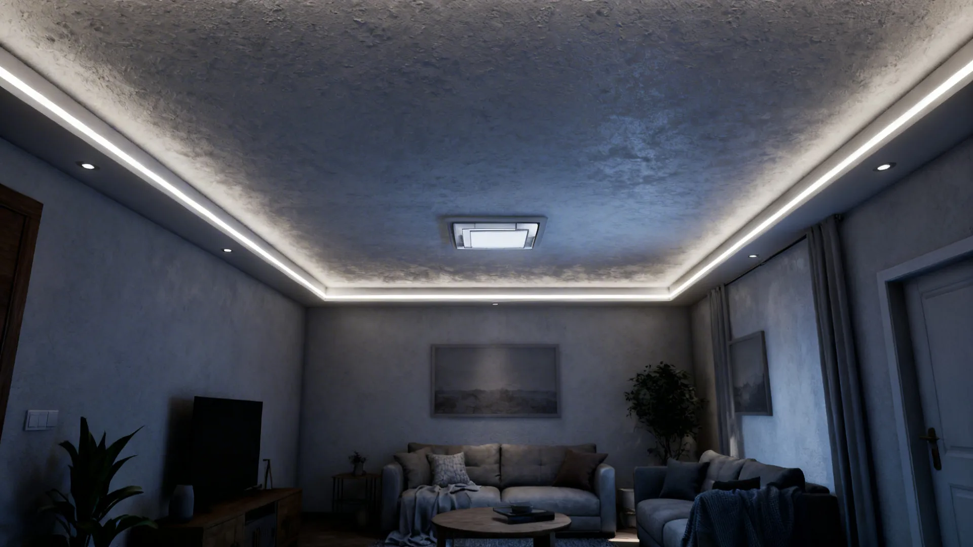 Cove LED strips washing the ceiling perimeter to create height and soft ambient light in a small living room.