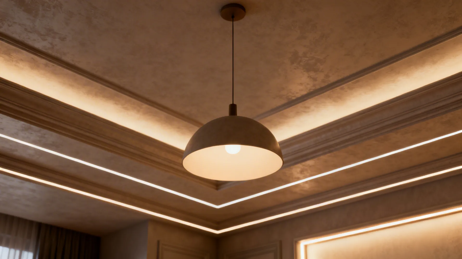 Dining nook with ambient cove lighting and hidden LED strips creating soft ceiling glow