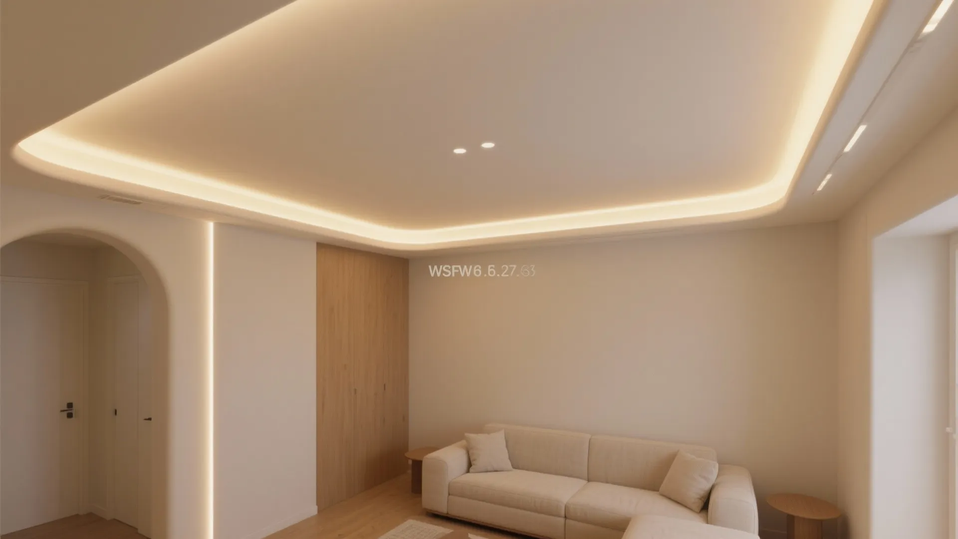 Modern living room featuring curved ceiling lights white sofa wooden wall panels and warm ambient lighting