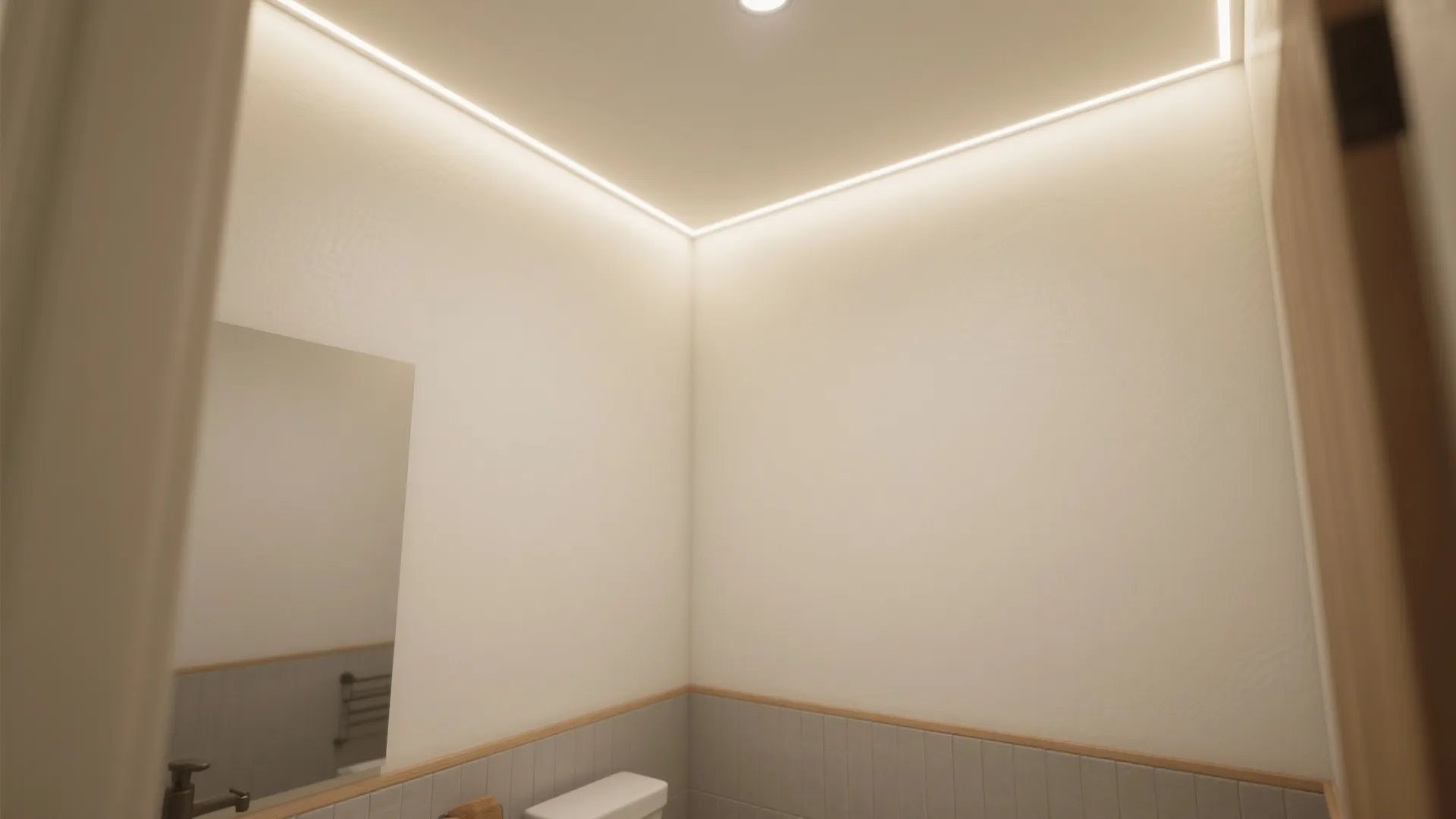Minimalist bathroom corner with white walls grey wall panels and bright linear ceiling light fixture