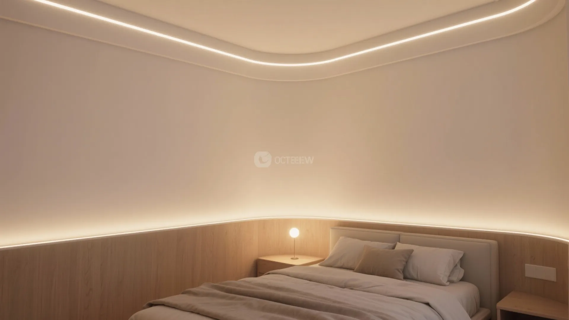 Modern bedroom featuring a bed with warm light fixture strips on the wall and ceiling