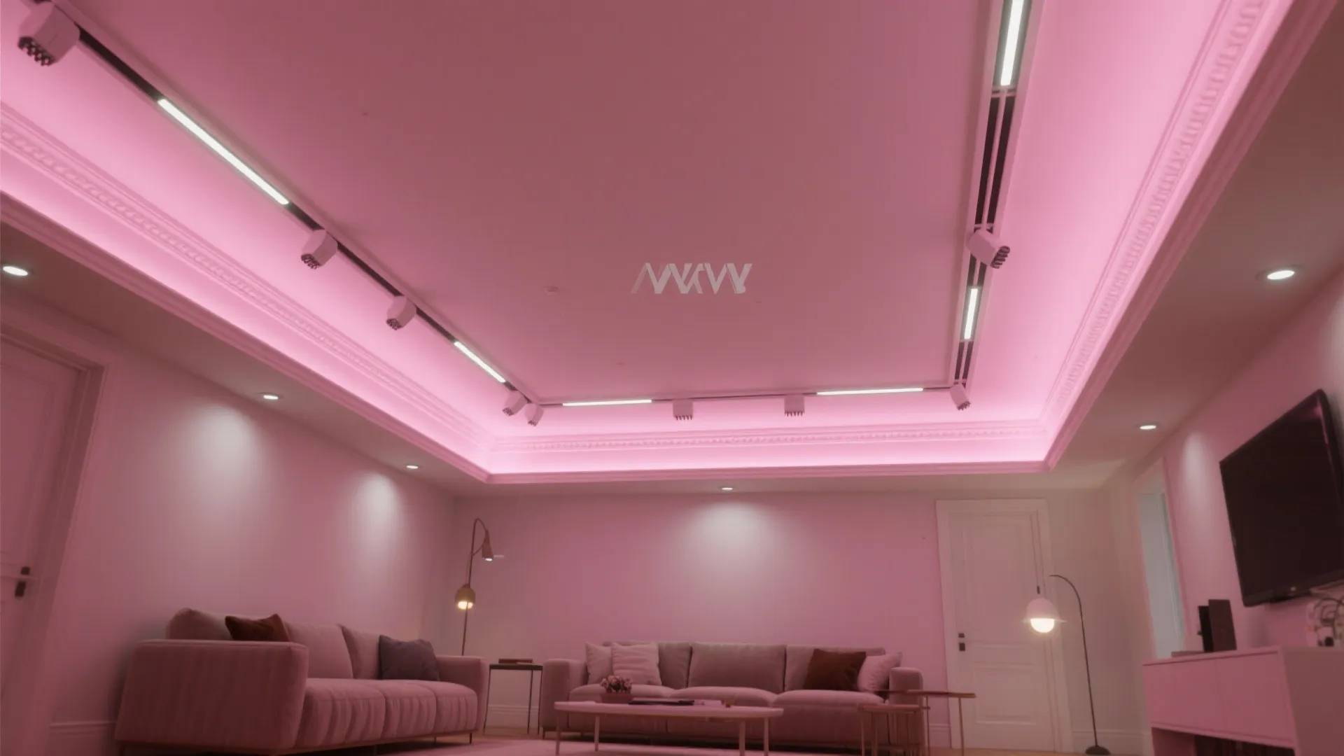 Spacious living room featuring pink ceiling light glow white sofas coffee table and black lights
