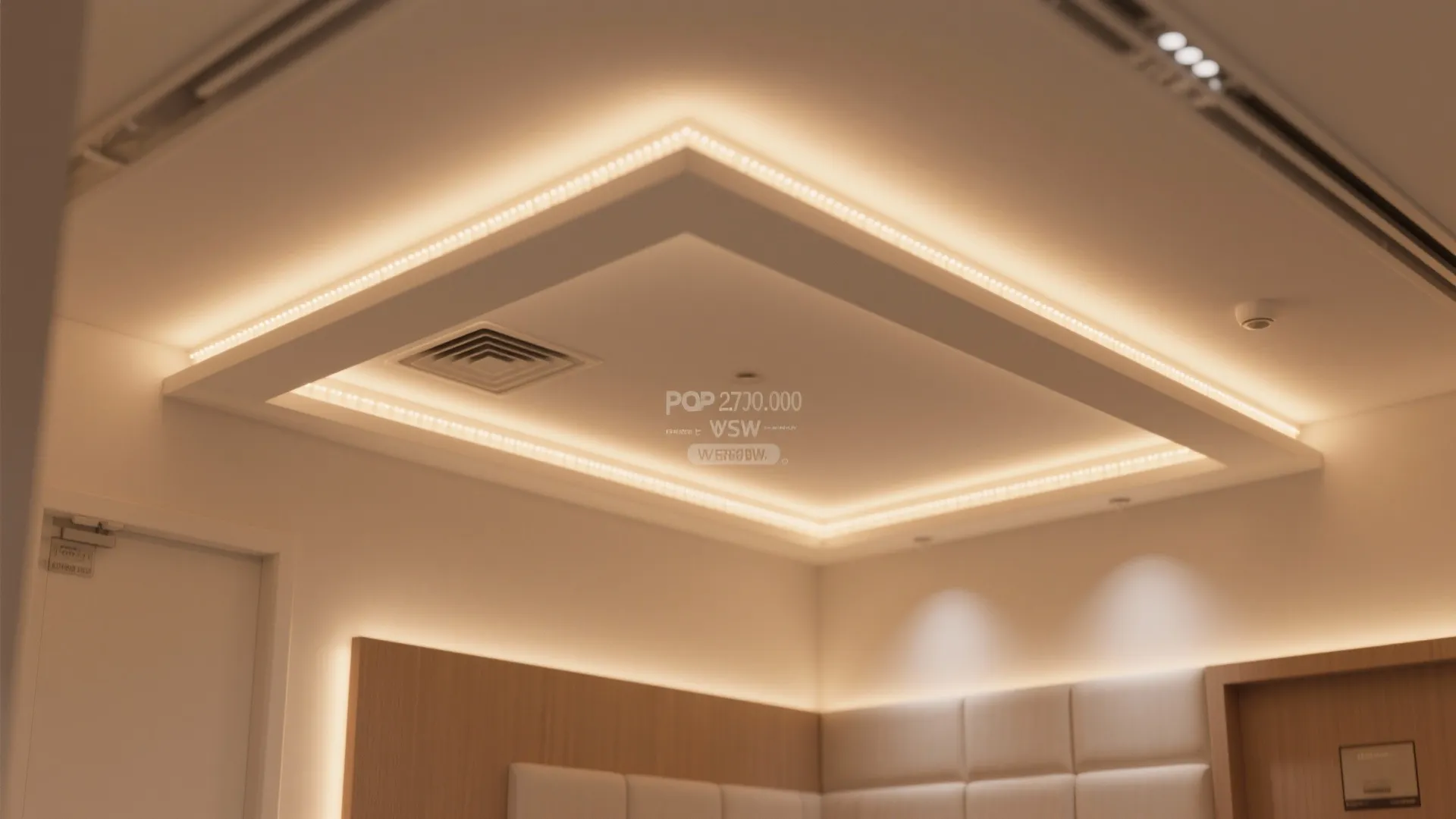 Modern white ceiling with hidden light strips and a square recessed design for interior lighting