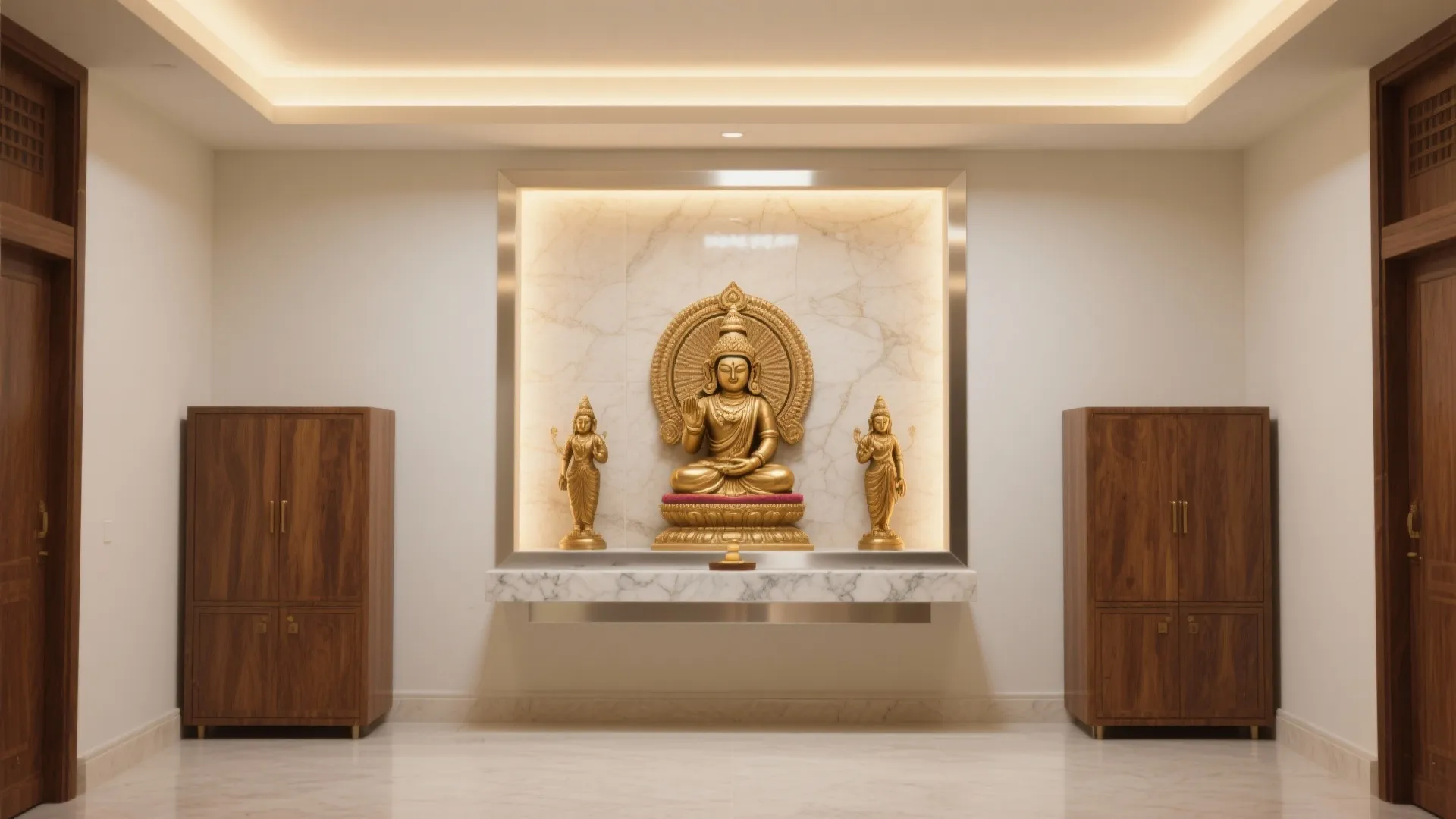 Prayer room with golden statues on marble shelf wooden cabinets white walls and ceiling light