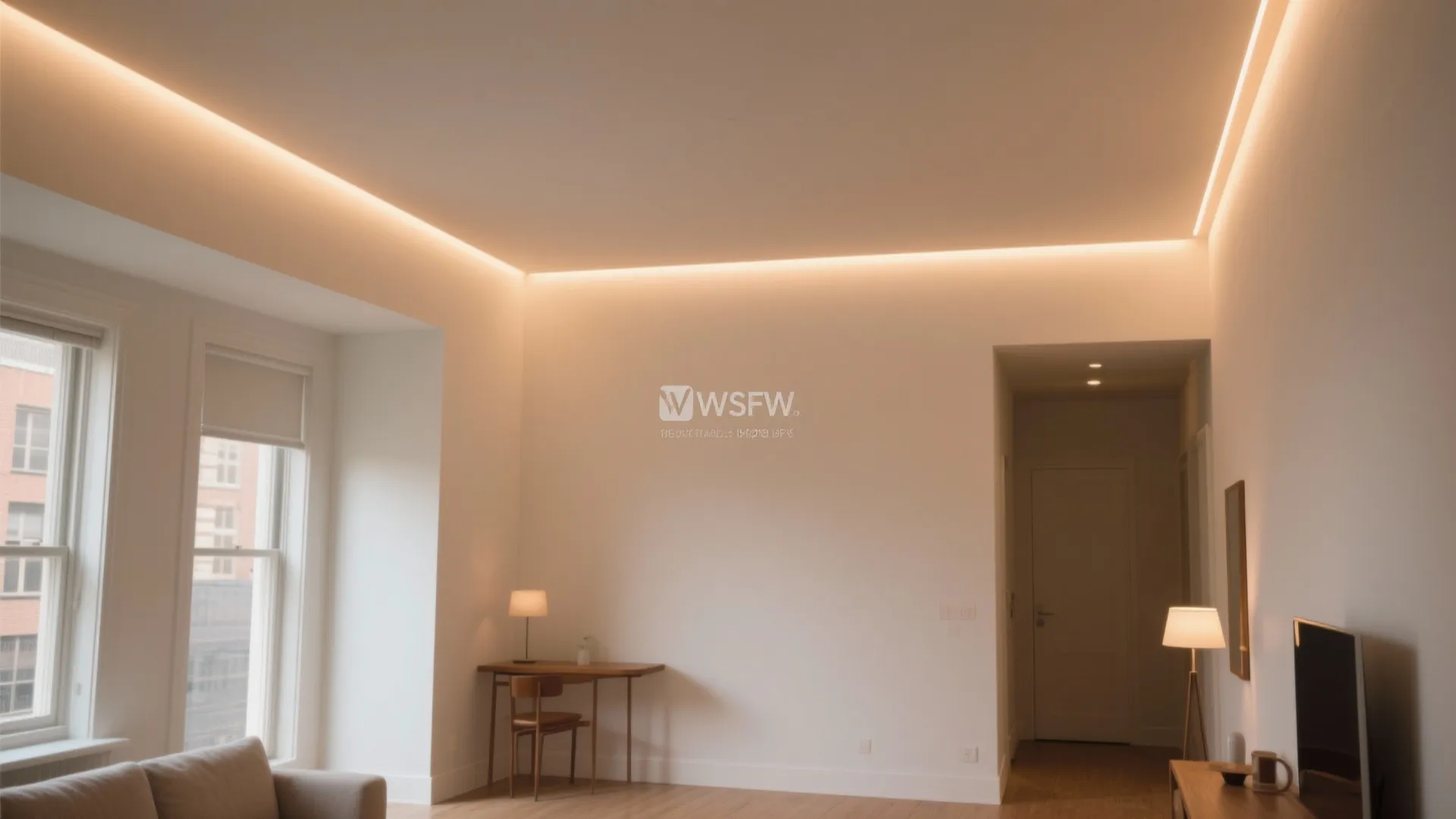 Minimalist living room with warm hidden ceiling light fixtures and simple white wall paint design