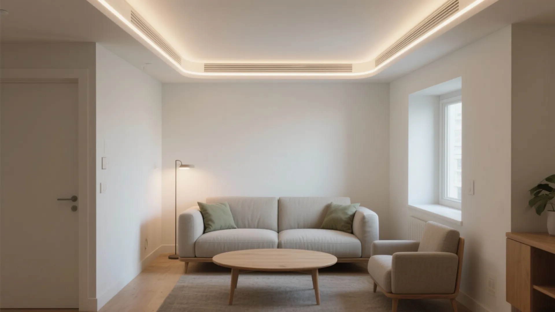 Modern living room with grey sofa wooden coffee table white walls and warm ceiling light
