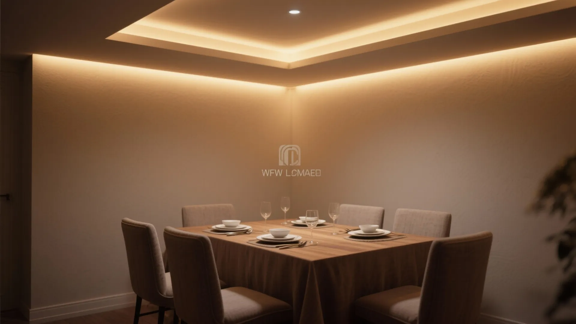 Dining room with a wooden table and warm hidden light fixture glowing along the ceiling