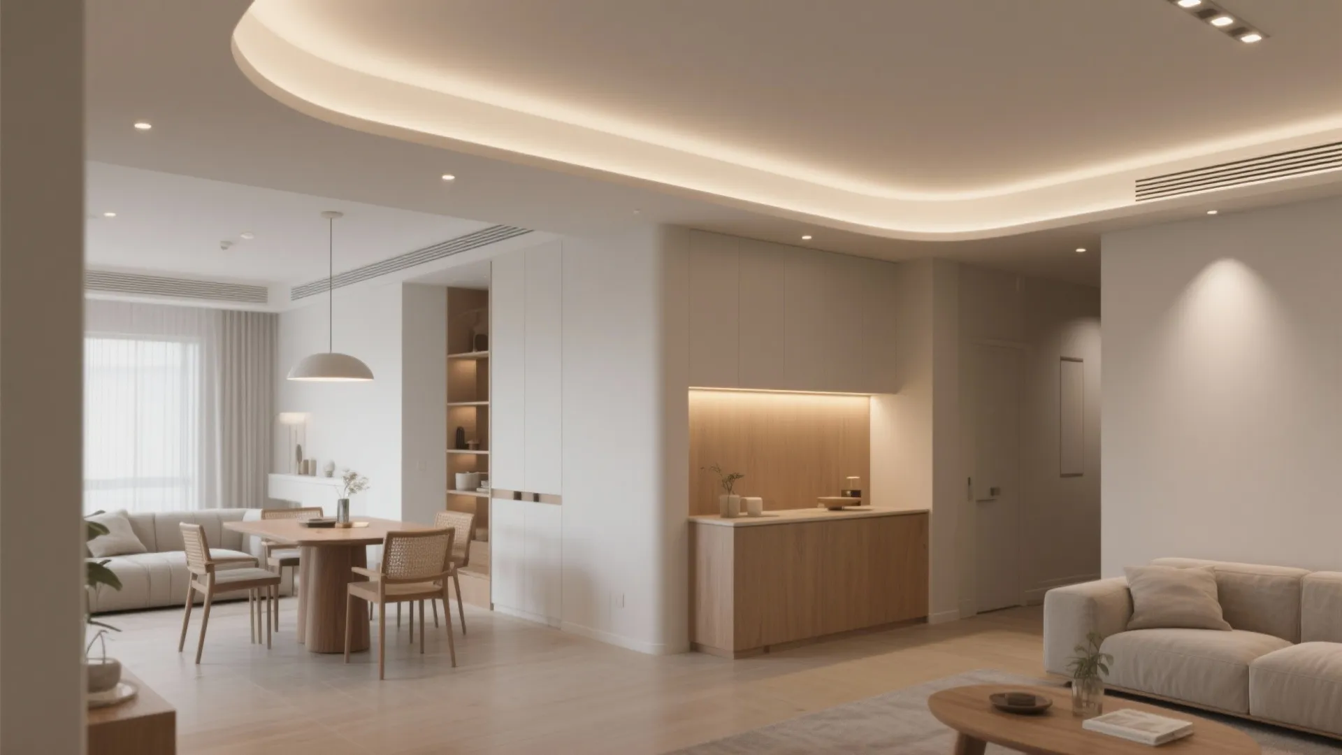 Modern open living room with curved ceiling light dining table chairs sofa and wooden cabinet