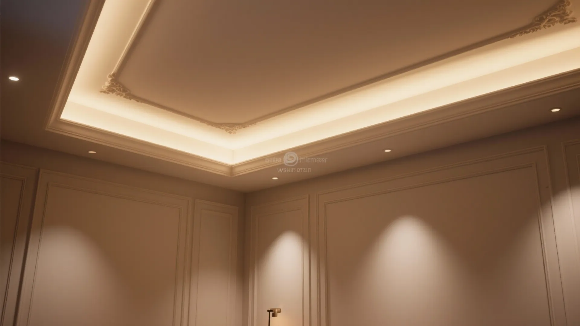 Classic living room interior design with hidden ceiling lights and decorative white wall panel molding details