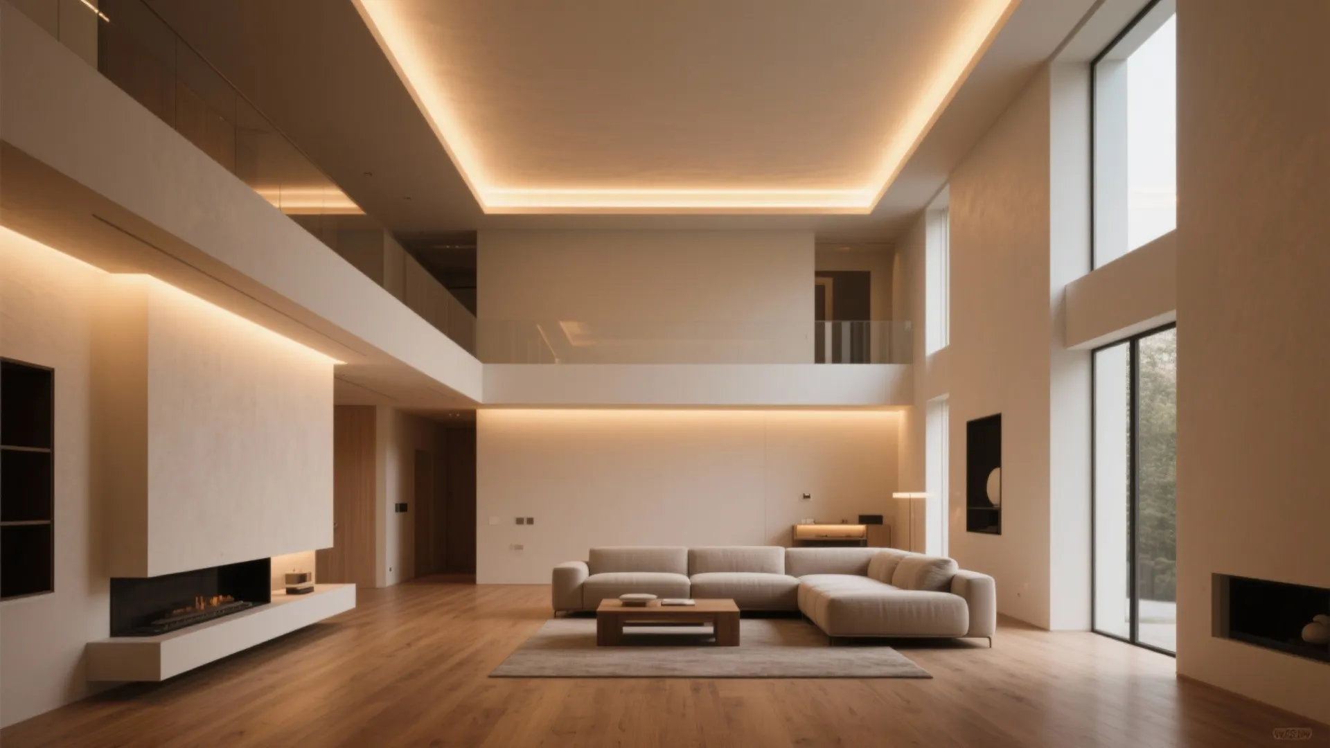 Minimalist open plan living room with cream sectional sofa wood floor and warm hidden lights