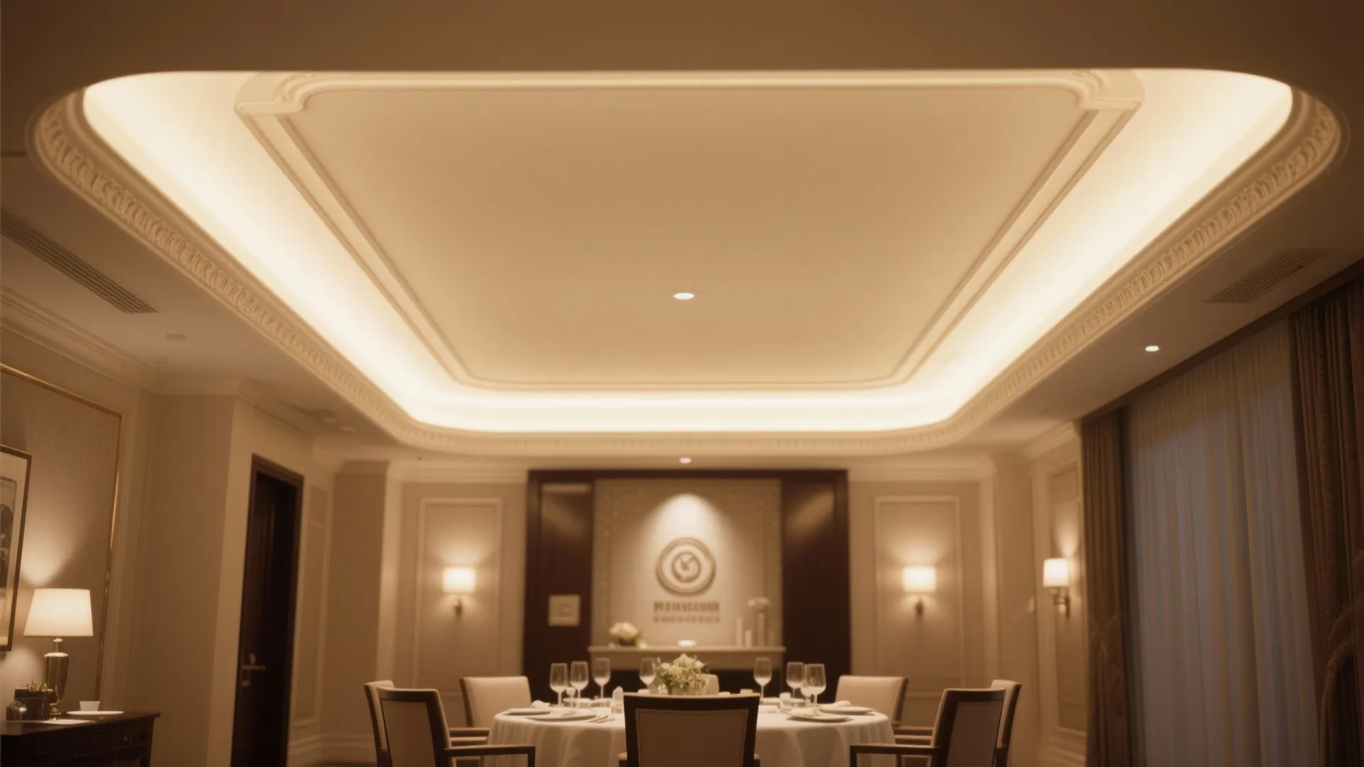 Concealed cove LED lighting washing the ceiling for an elegant dining ambiance