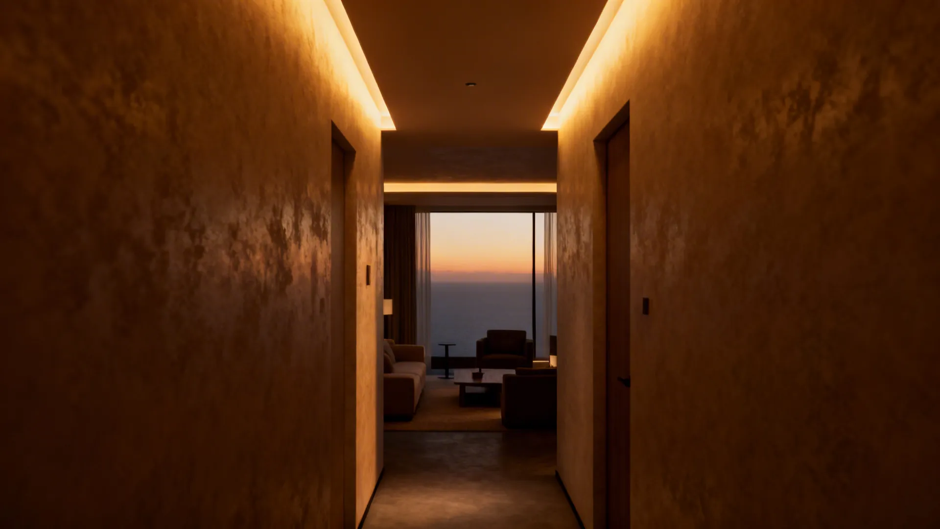 Narrow living room with integrated cove lighting washing walls to create depth and perceived height.