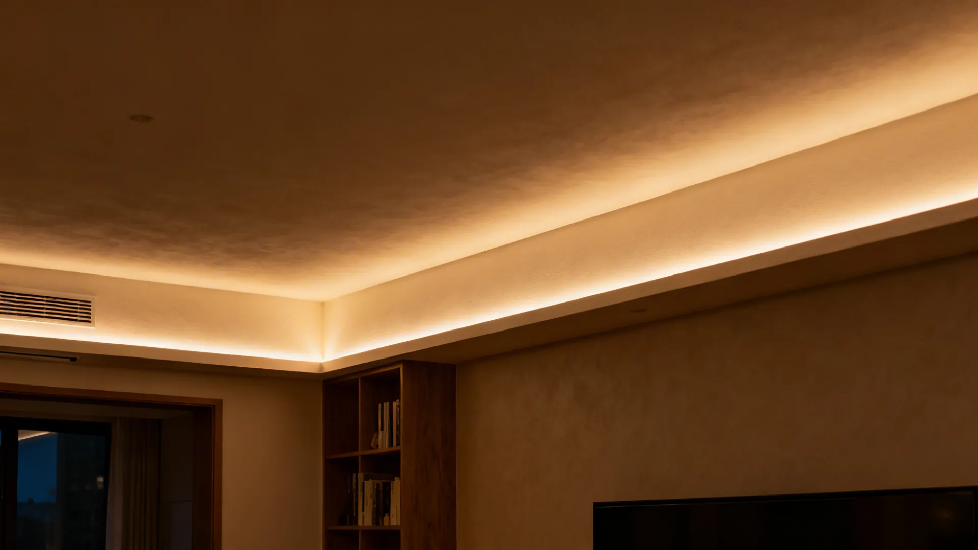 Ceiling cove with concealed warm LED strip creating a floating soft glow in a small living room.