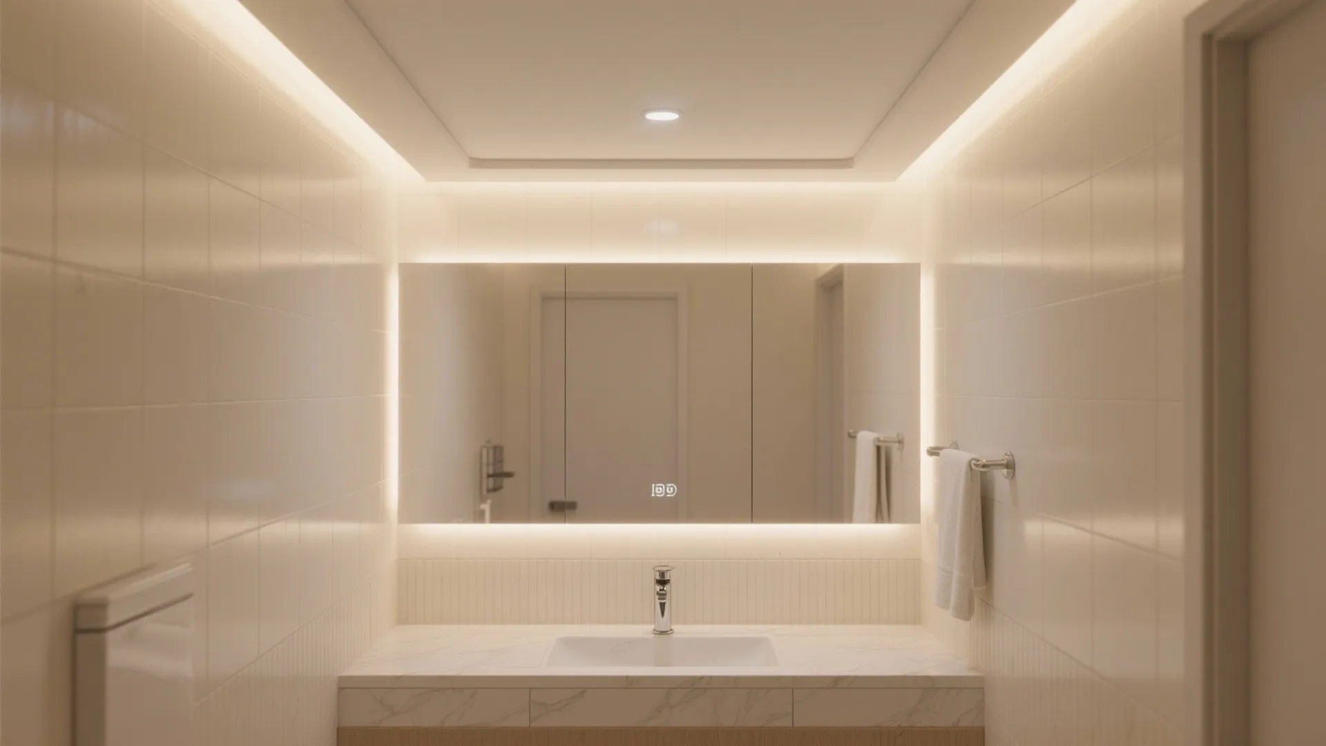 Minimalist bathroom sink area with large backlit mirror marble counter white tiles and soft lighting
