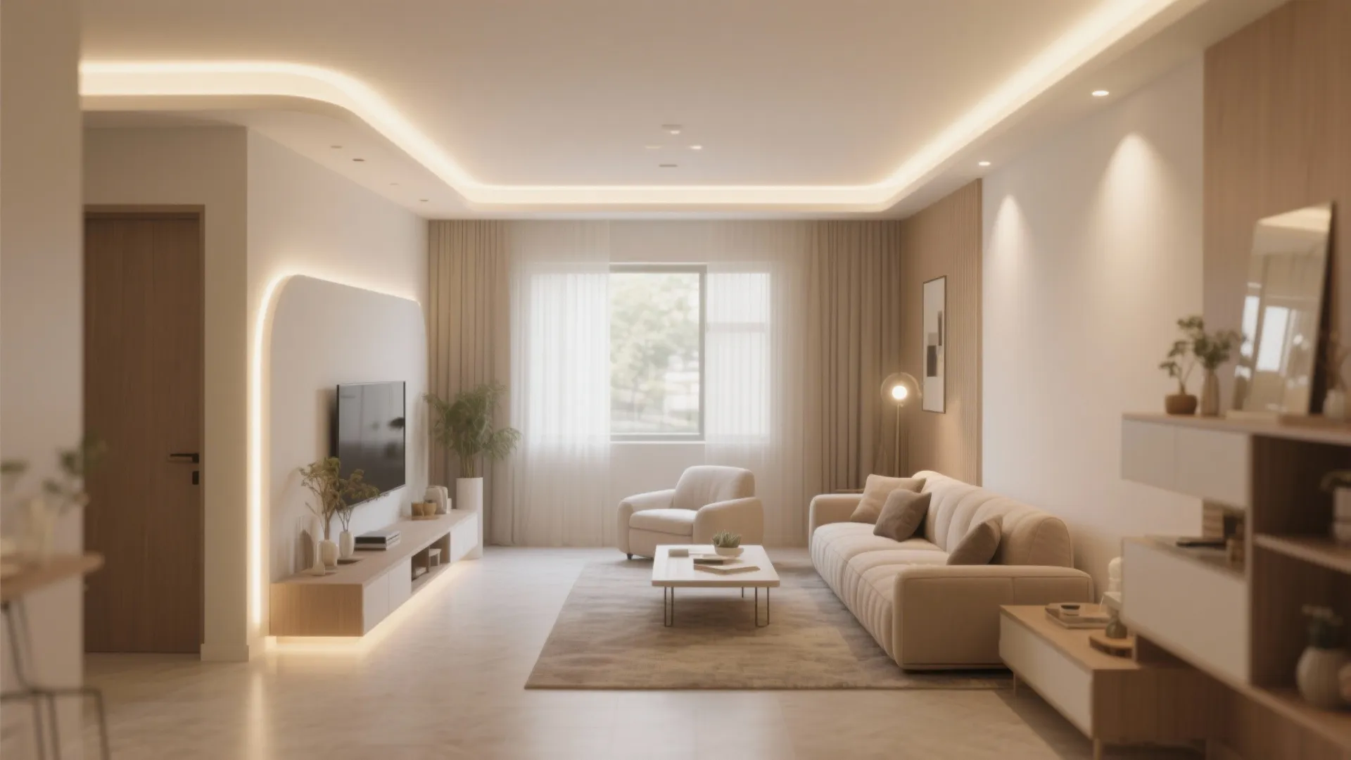 Compact modern drawing room with cove lighting false ceiling