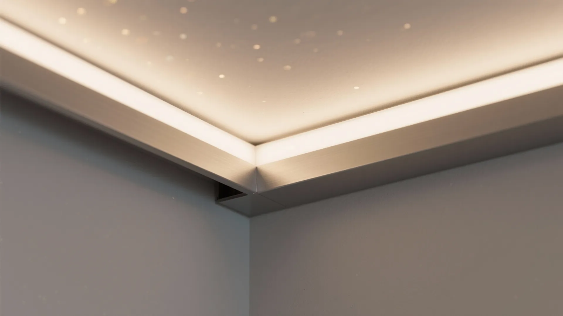 Close up of bright hidden light fixture installed along the corner of white room ceiling