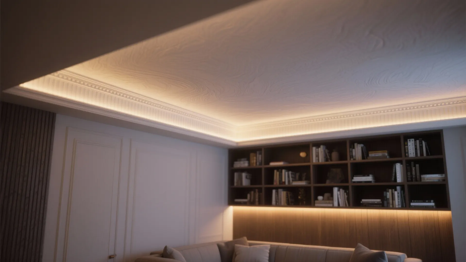 Interior design drawing with warm hidden ceiling light above wooden bookshelf and grey fabric sofa