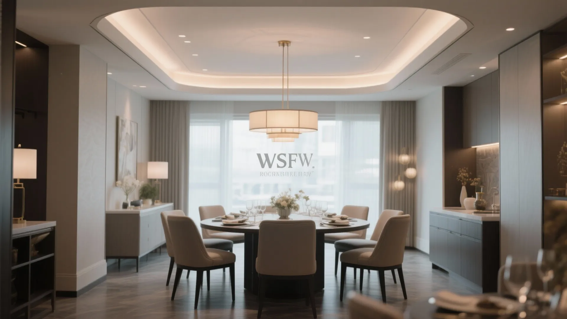 Modern dining room with round table beige chairs hanging ceiling light and hidden ceiling light strips