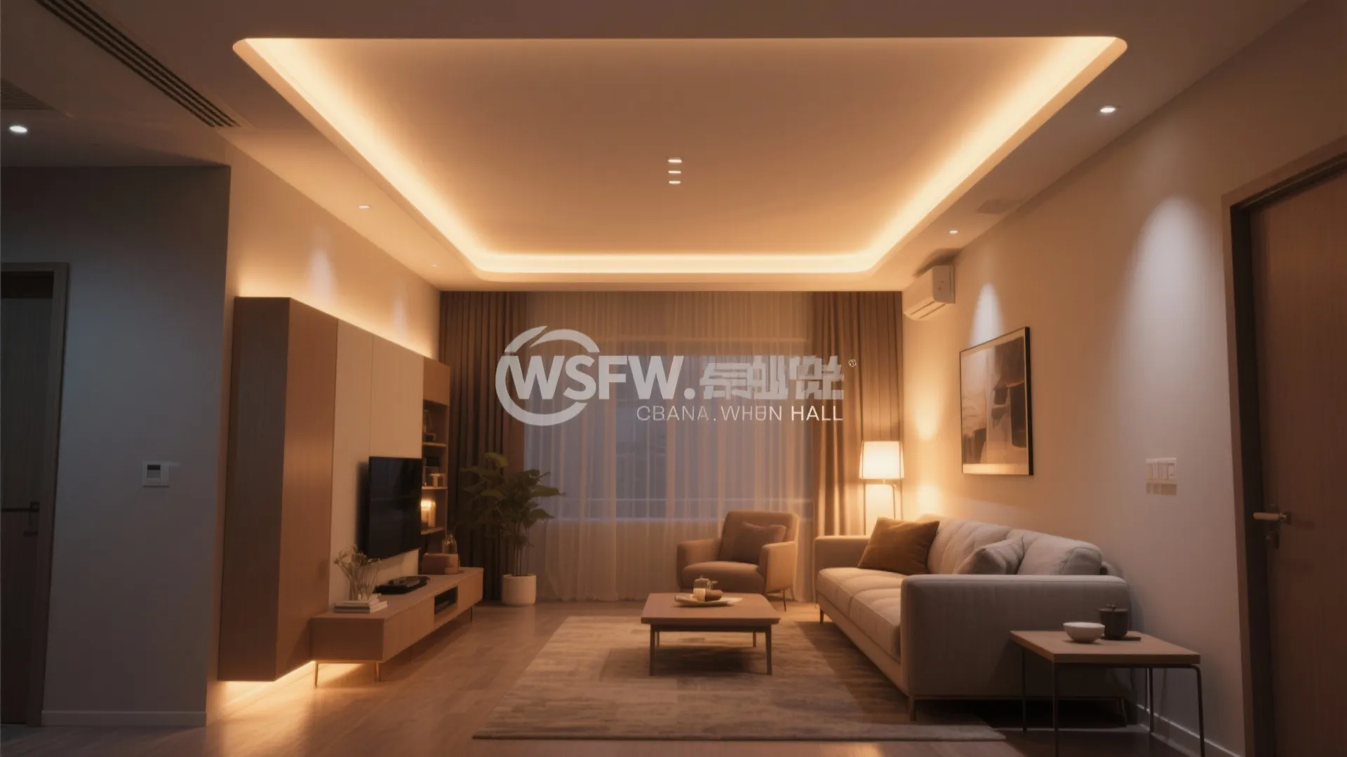Modern living room with a warm ceiling light sofa wooden cabinet and soft ambient indoor lighting