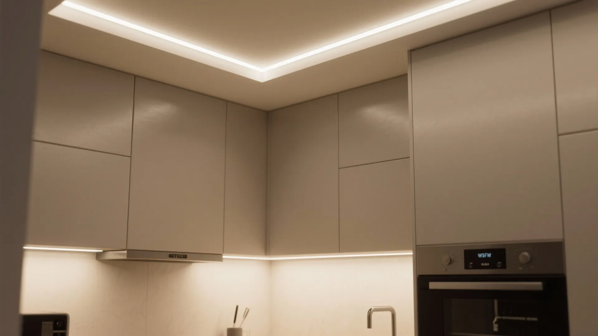 Kitchen cabinets appearing to float due to warm ribbon LED cove lighting behind reveals
