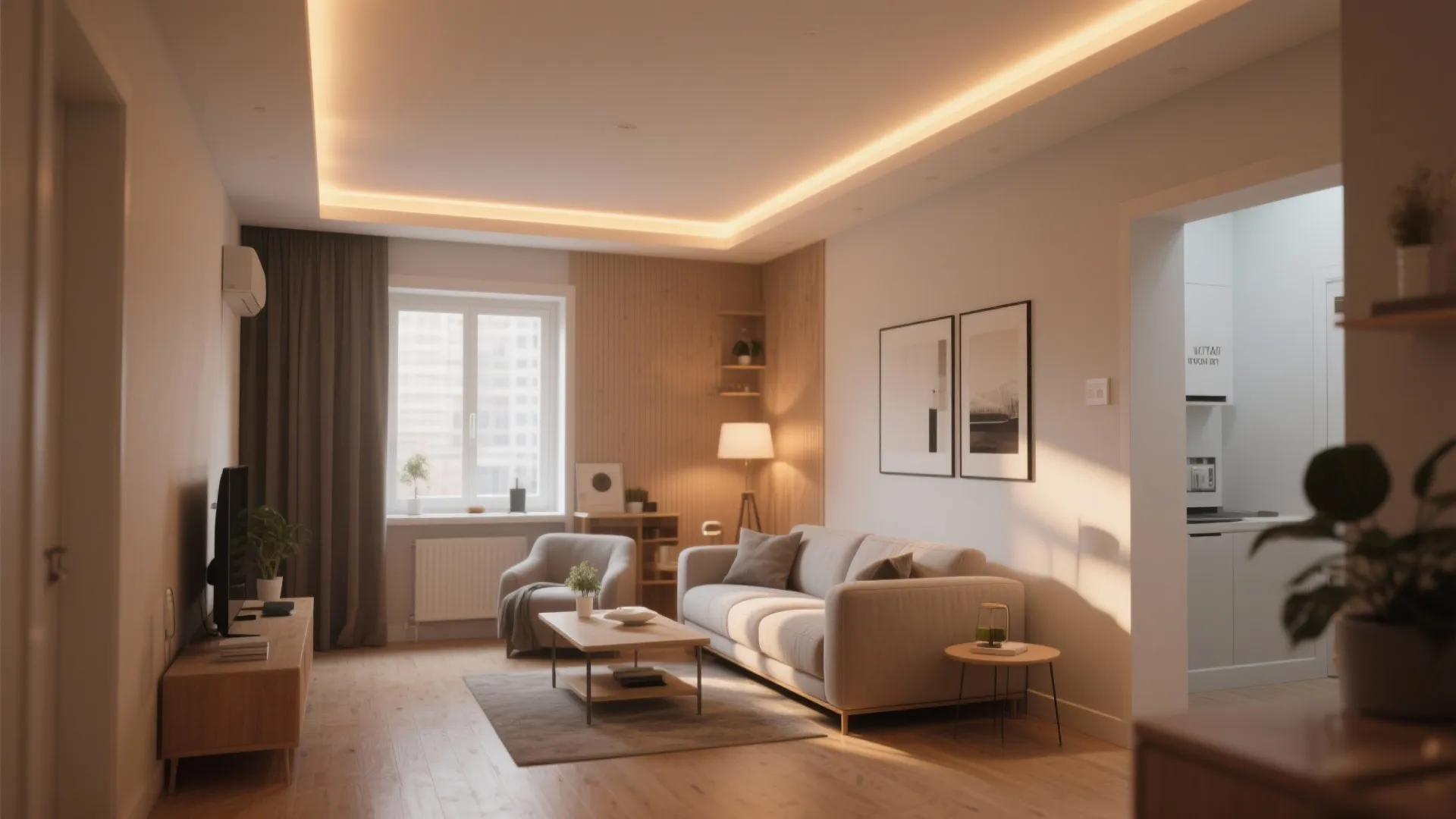 Warm LED cove lighting in a minimalist living room ceiling