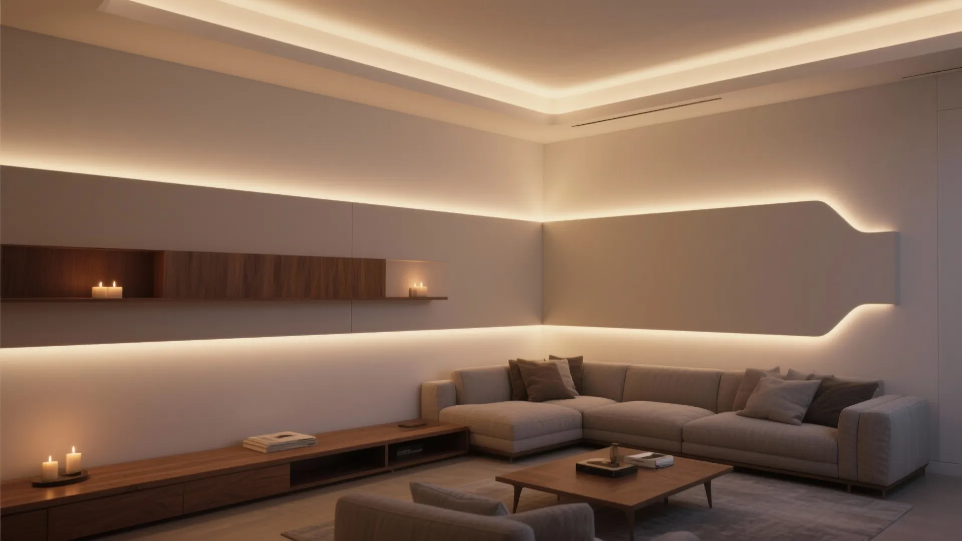 Warm living room with grey sofa wooden coffee table and hidden light strips on the walls