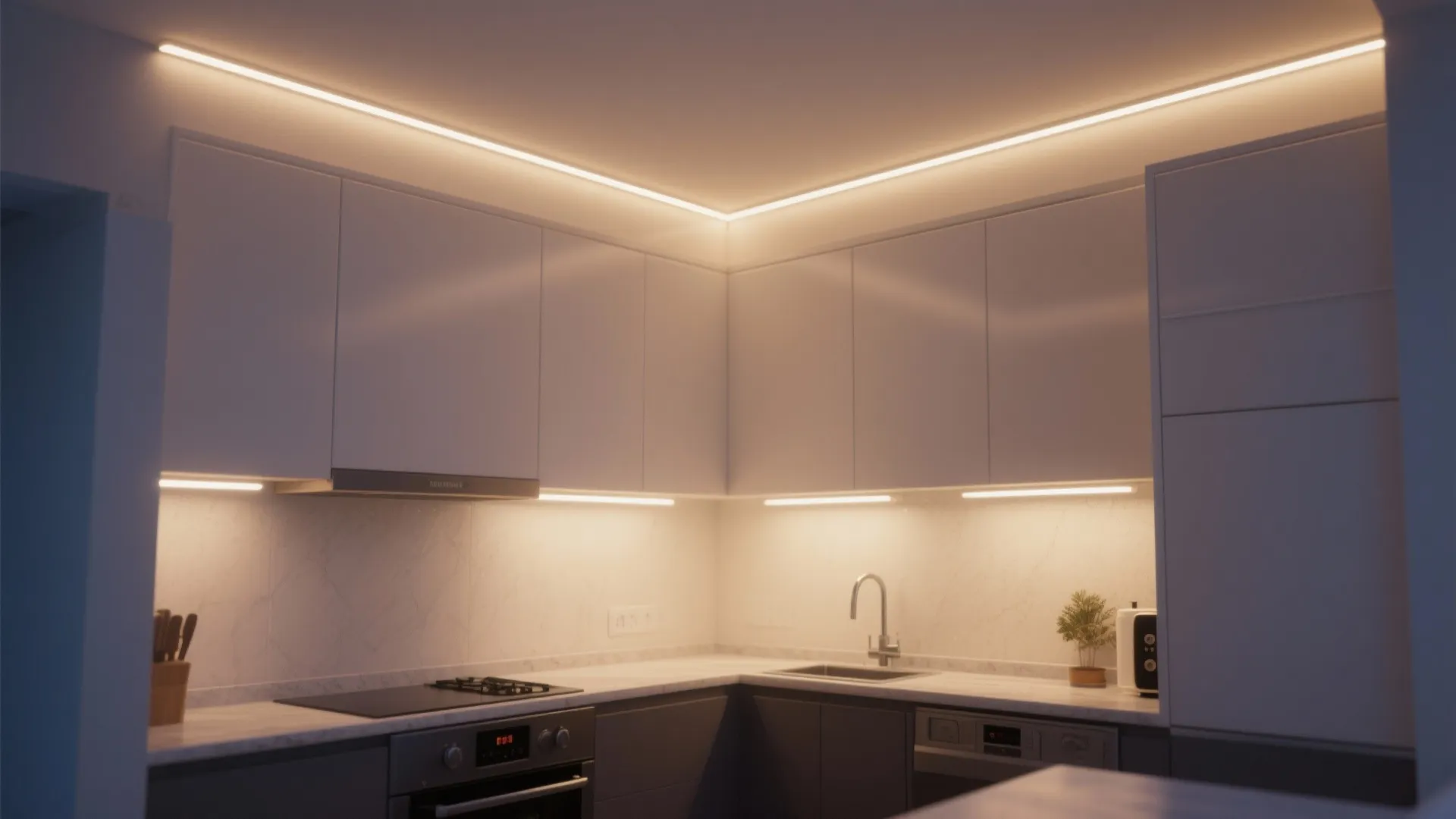 Small kitchen with indirect cove lighting washing warm light across the ceiling to increase perceived height.