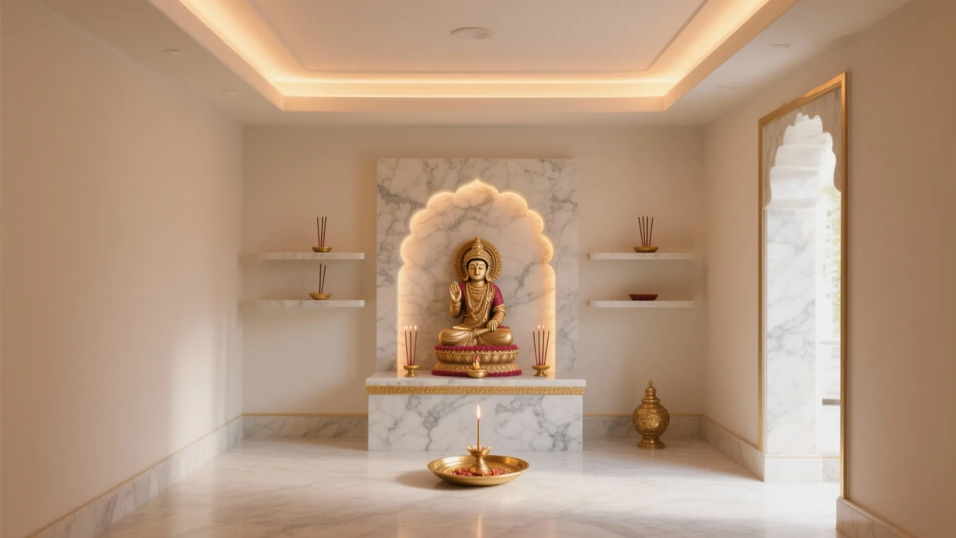 Modern prayer room with gold statue marble altar warm ceiling lights and white floating wall shelves