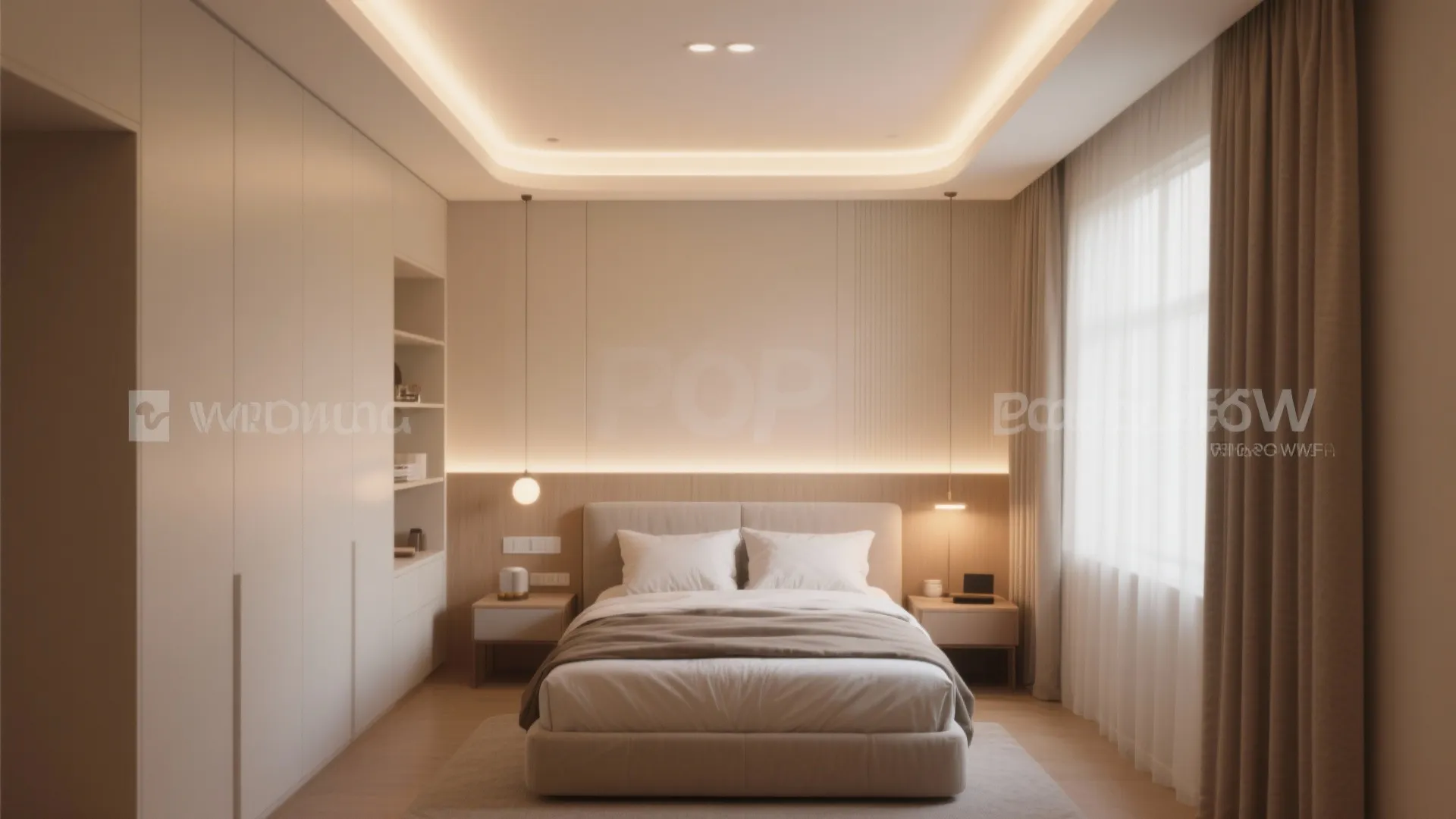 Modern bedroom featuring a soft warm glow from hidden ceiling lights and neutral color furniture