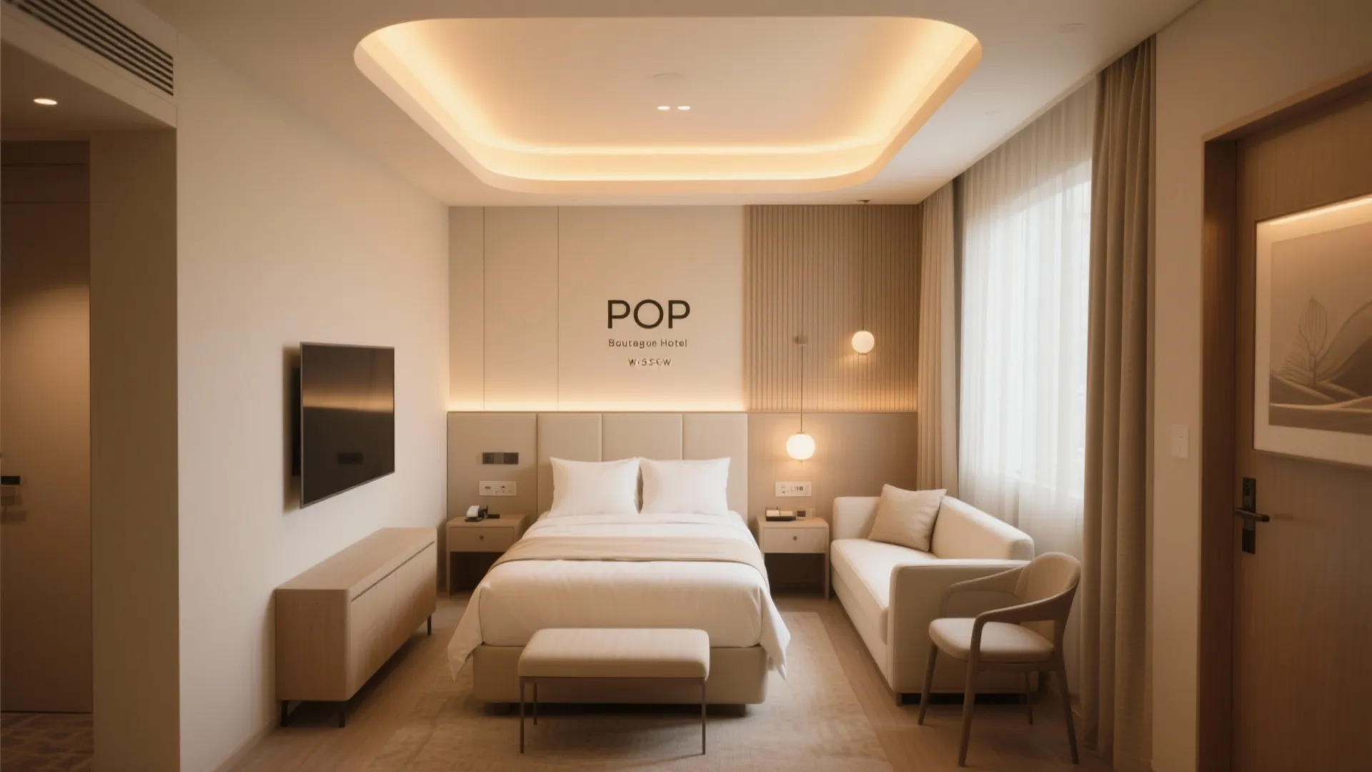 Modern hotel bedroom with warm recessed ceiling light, beige bed, small sofa, and wall television
